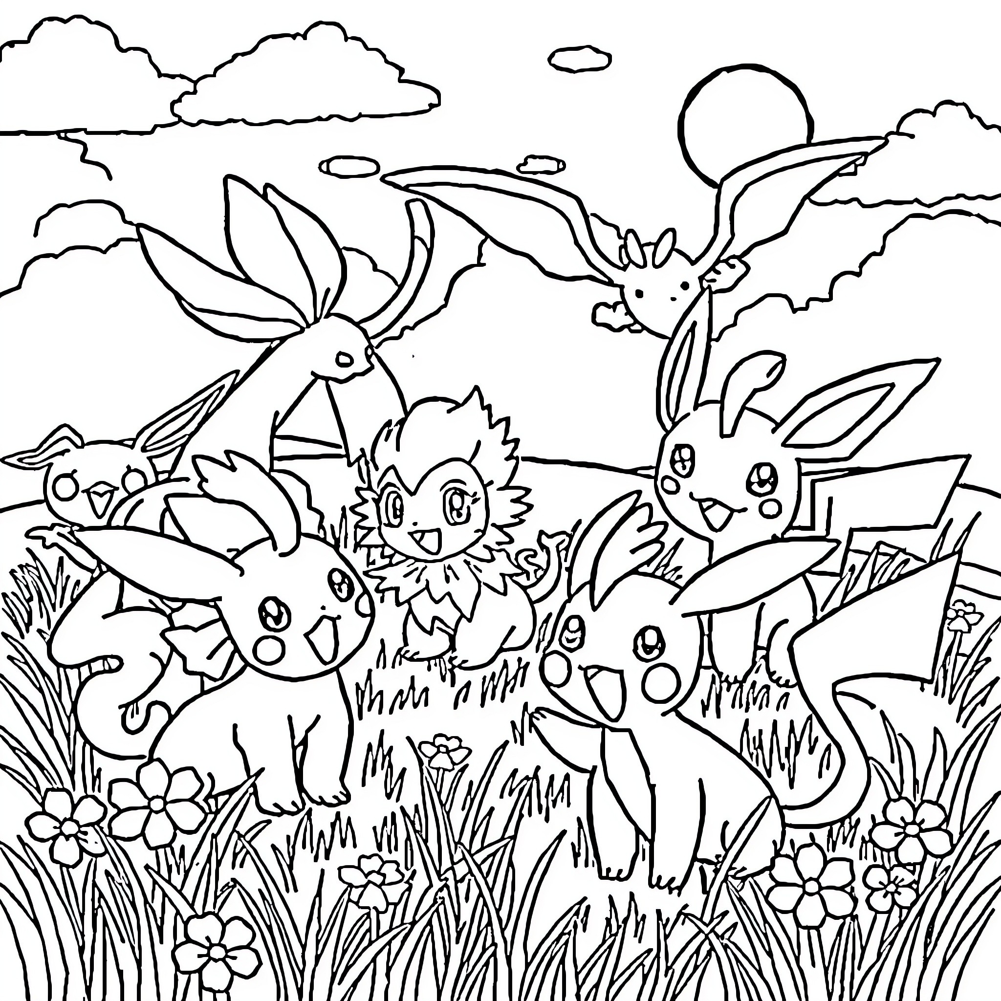Pokémon Bunnies Frolicking in Lush Meadow Coloring Page (free black-and-white line drawing printable PDF for all, from beginners to advanced learners, including children, teens, adults, and seniors)