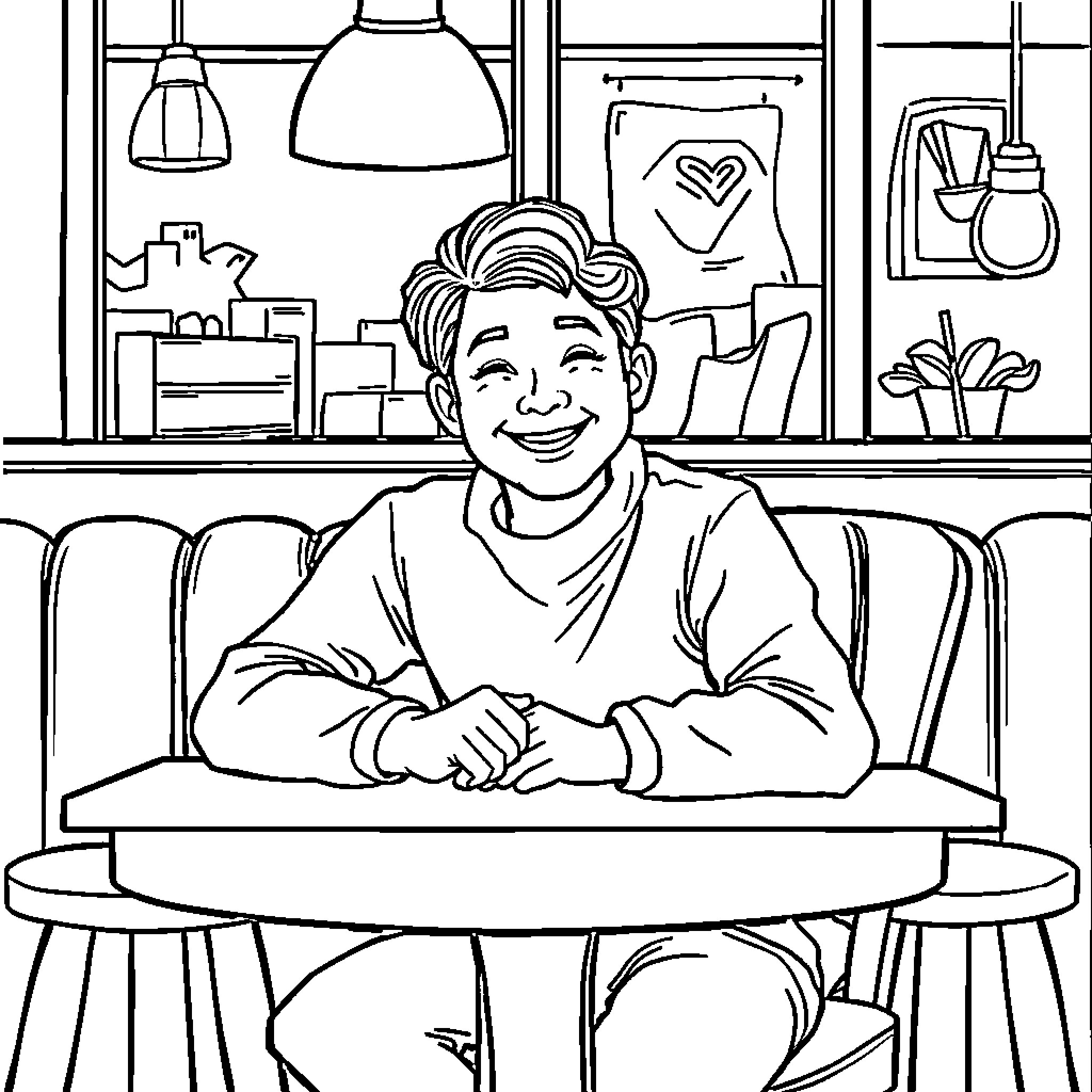 Ilhan Smiling Brightly in Cozy Home Setting Coloring Page (free black-and-white line drawing printable PDF for all, from beginners to advanced learners, including children, teens, adults, and seniors)