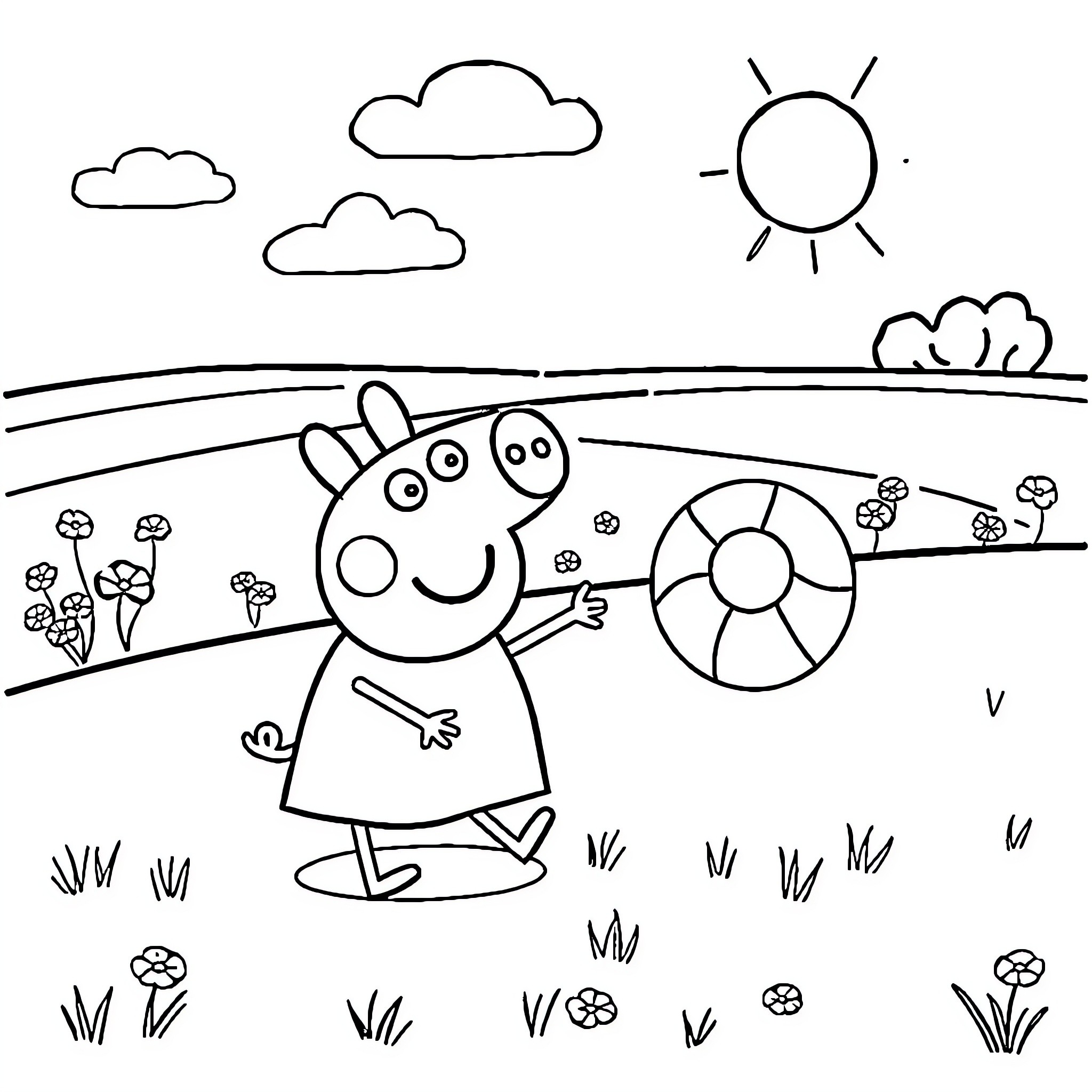 Peppa Pig enjoying the sunny day outdoors Coloring Page (free black-and-white line drawing printable PDF for all, from beginners to advanced learners, including children, teens, adults, and seniors)