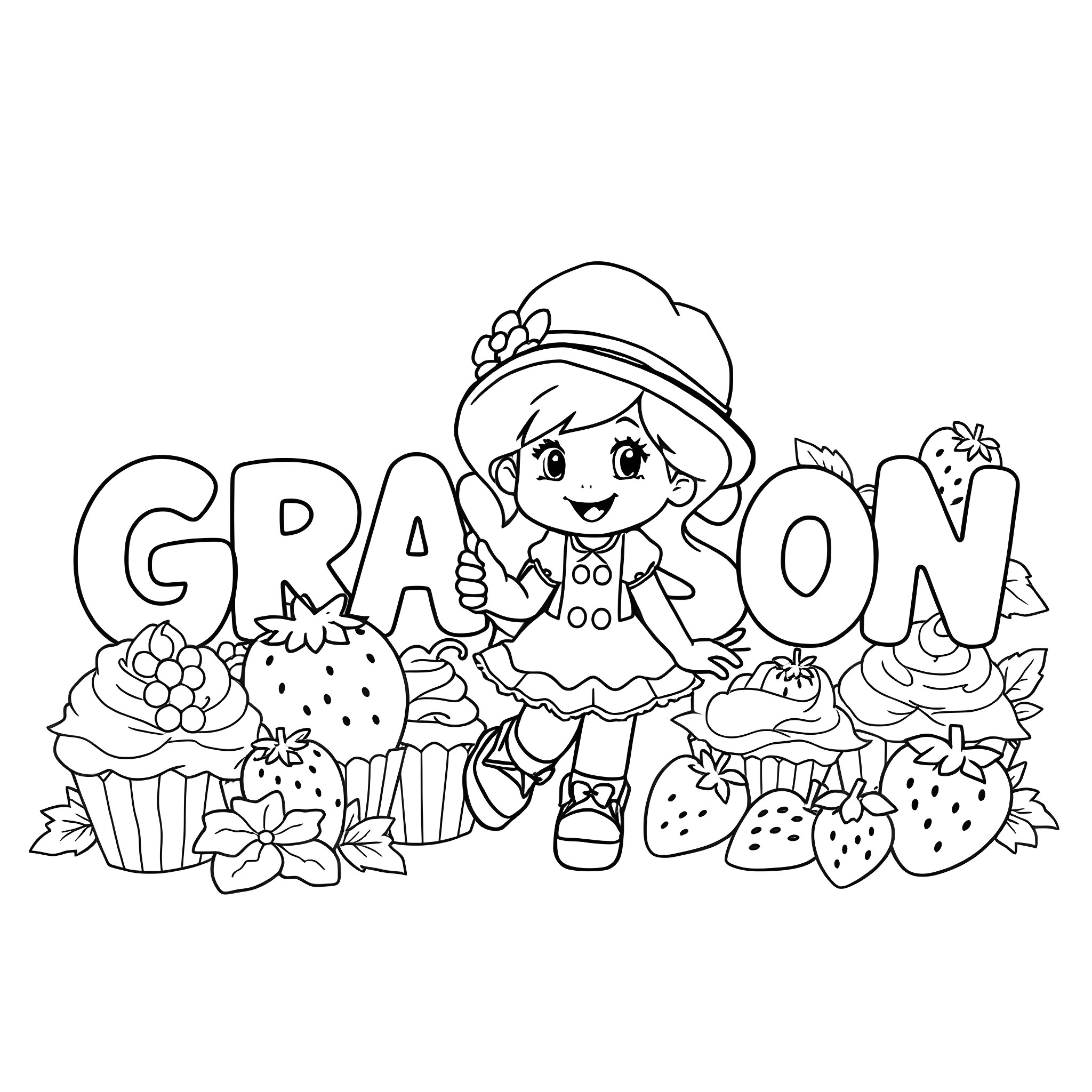 Grayson's Yummy Strawberry Treats Coloring Page (free black-and-white line drawing printable PDF for all, from beginners to advanced learners, including children, teens, adults, and seniors)