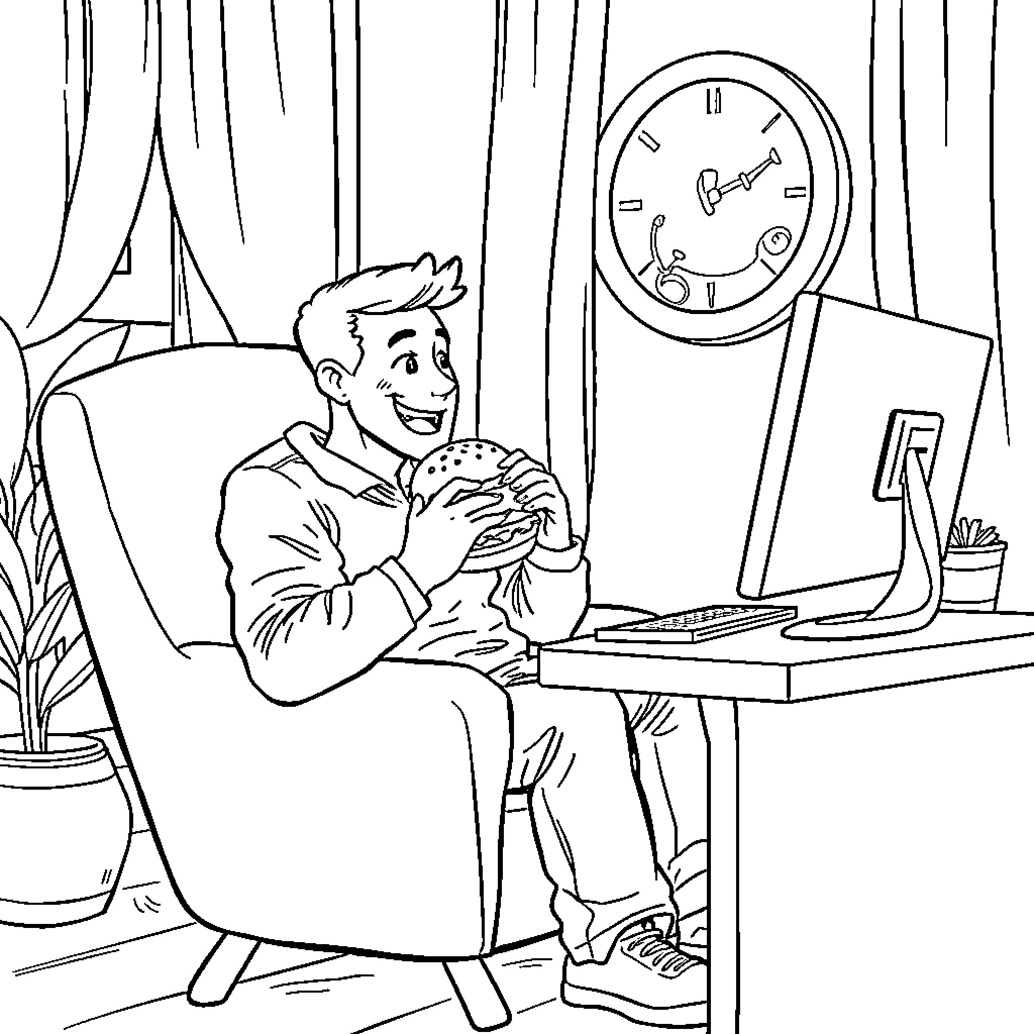 Man relaxing and enjoying a snack at his desk Coloring Page (free black-and-white line drawing printable PDF for all, from beginners to advanced learners, including children, teens, adults, and seniors)