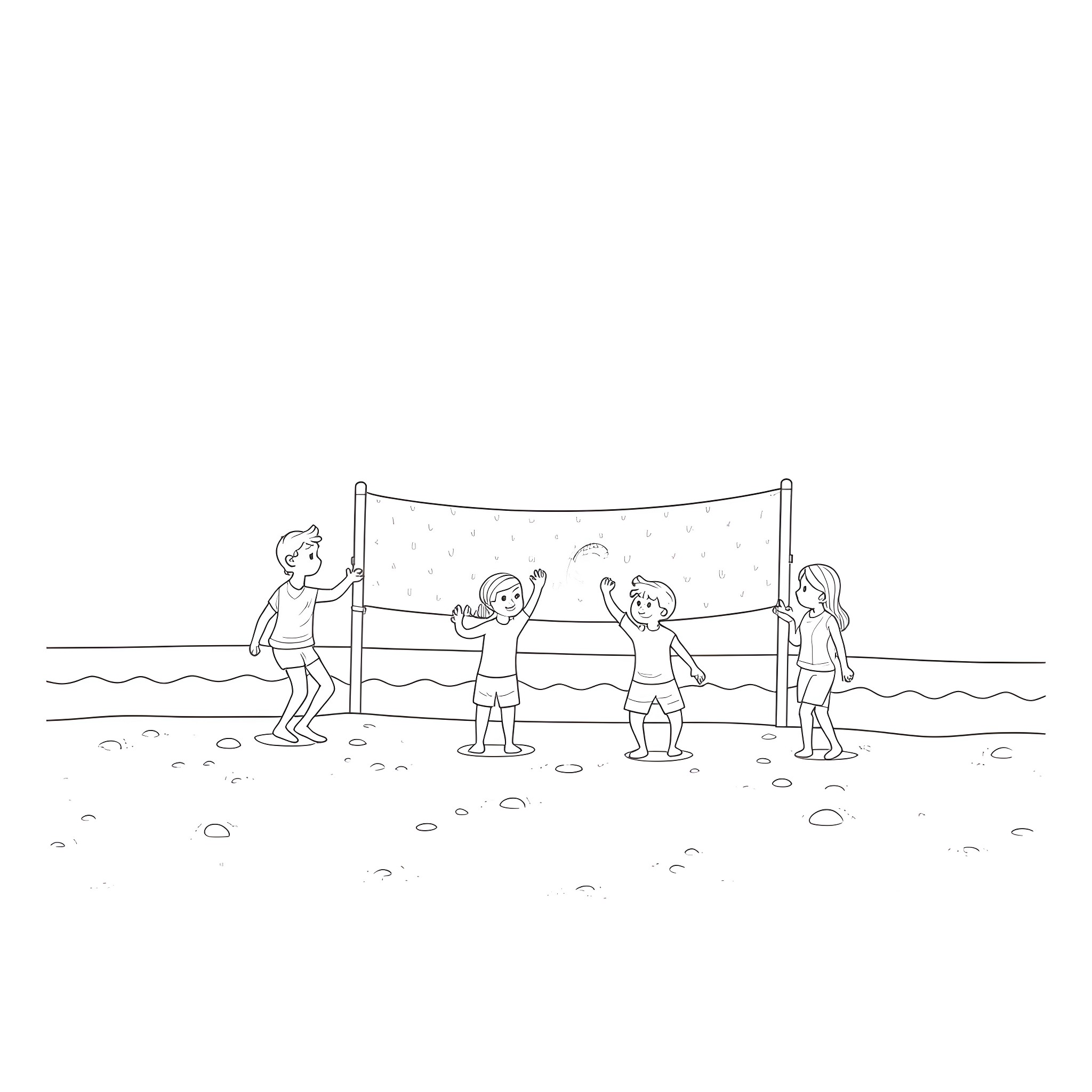People playing volleyball on the beach Coloring Page (free black-and-white line drawing printable PDF for all, from beginners to advanced learners, including children, teens, adults, and seniors)