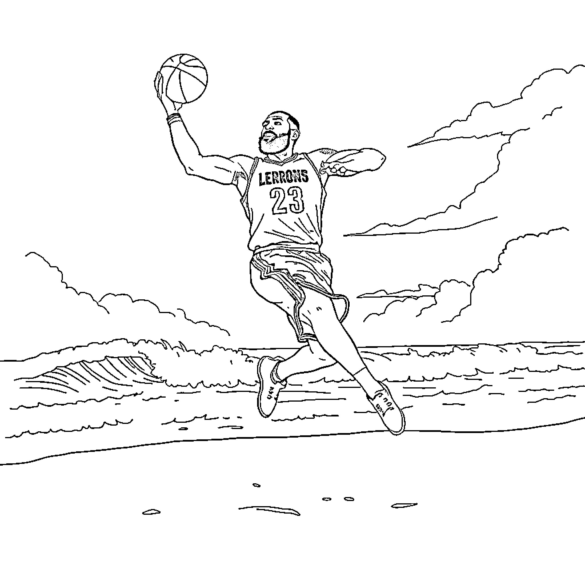 LeBron James dunking a basketball in the air Coloring Page (free black-and-white line drawing printable PDF for all, from beginners to advanced learners, including children, teens, adults, and seniors)
