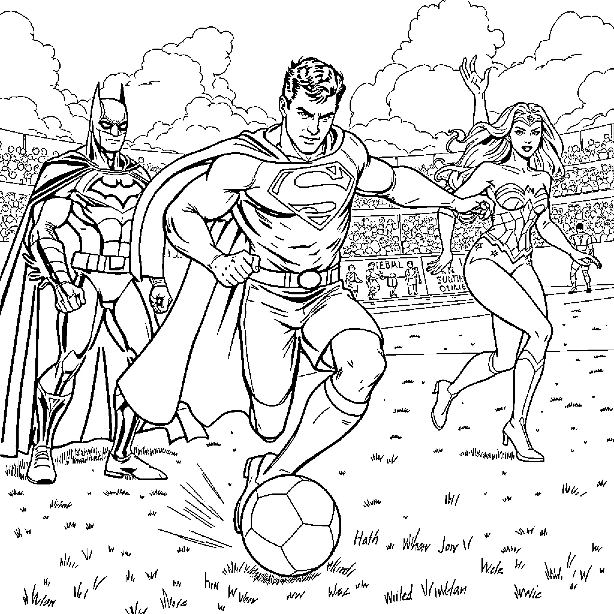 Superman, Batman, and Wonder Woman playing soccer in the park Coloring Page (free black-and-white line drawing printable PDF for all, from beginners to advanced learners, including children, teens, adults, and seniors)