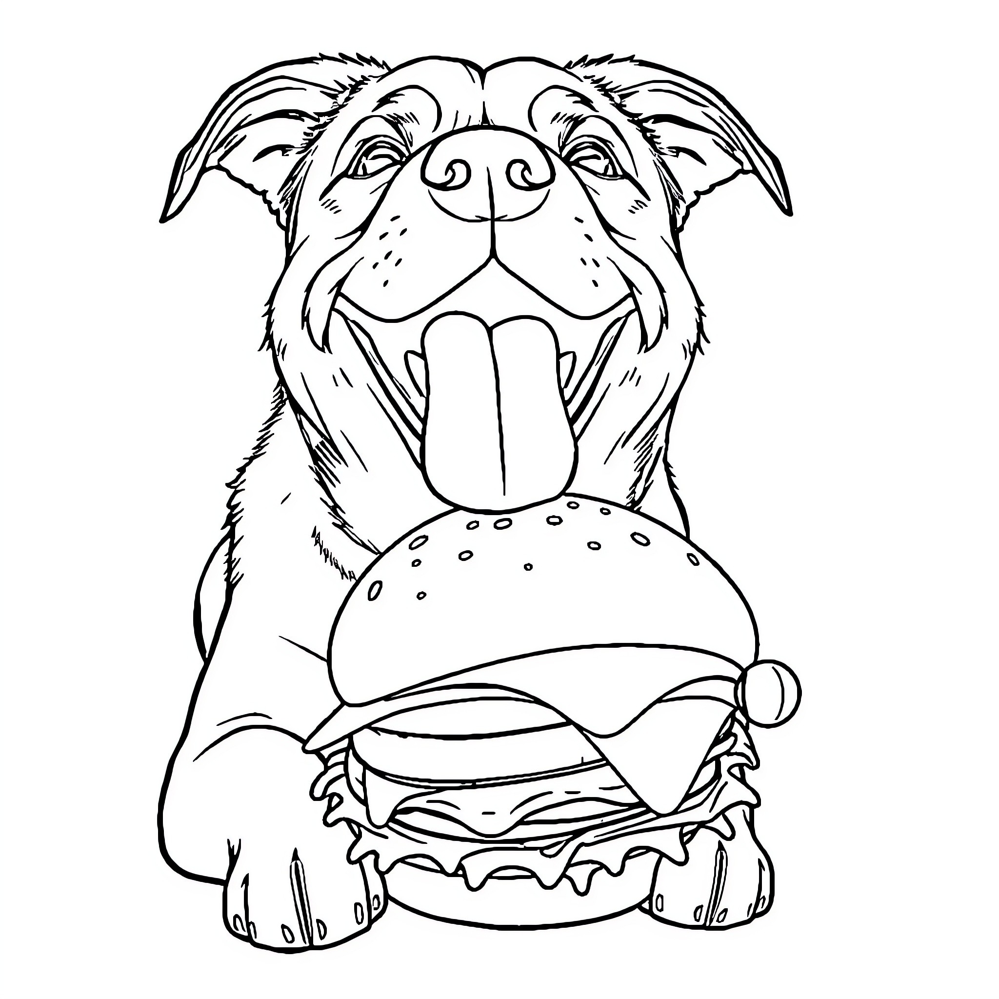 Dog happily eating a large burger Coloring Page (free black-and-white line drawing printable PDF for all, from beginners to advanced learners, including children, teens, adults, and seniors)