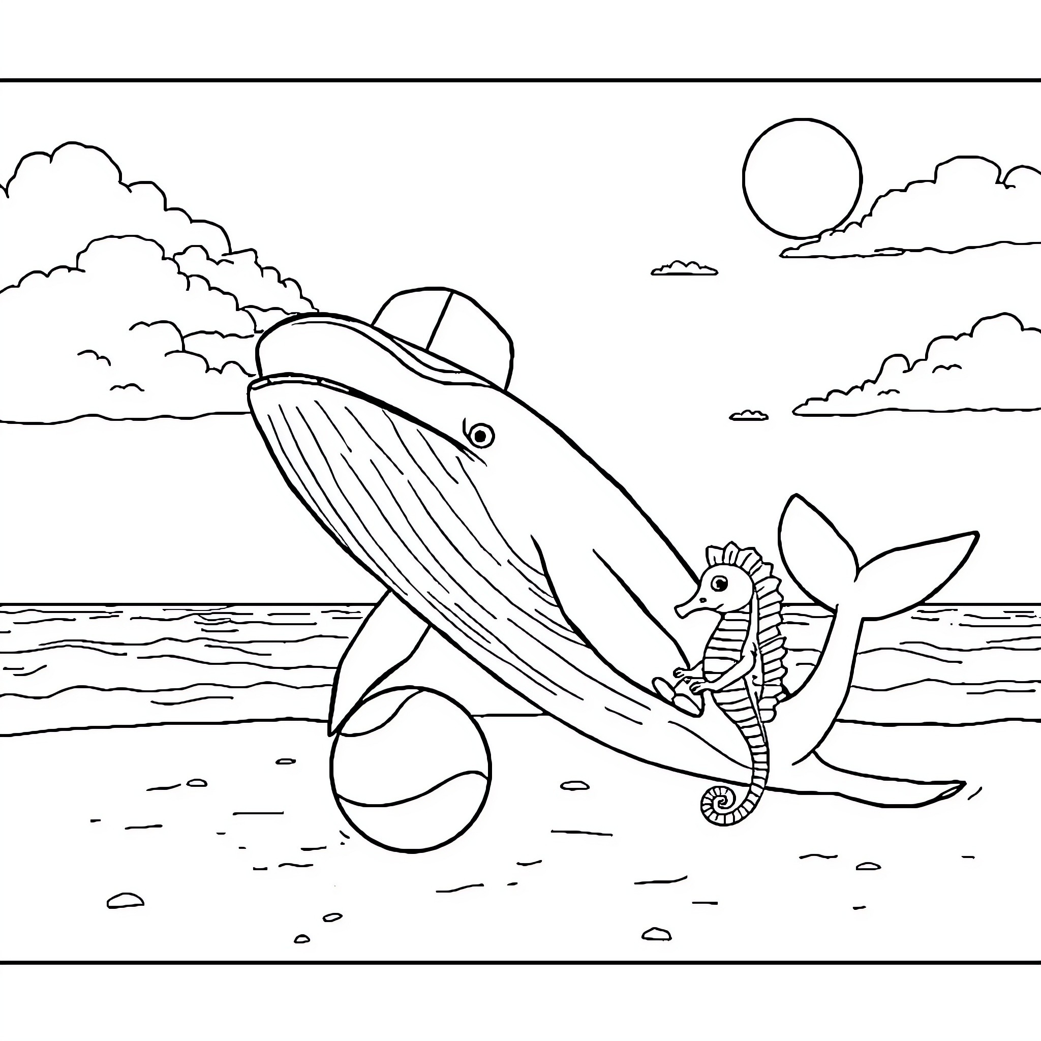 Whale enjoying summer day at the beach Coloring Page (free black-and-white line drawing printable PDF for all, from beginners to advanced learners, including children, teens, adults, and seniors)