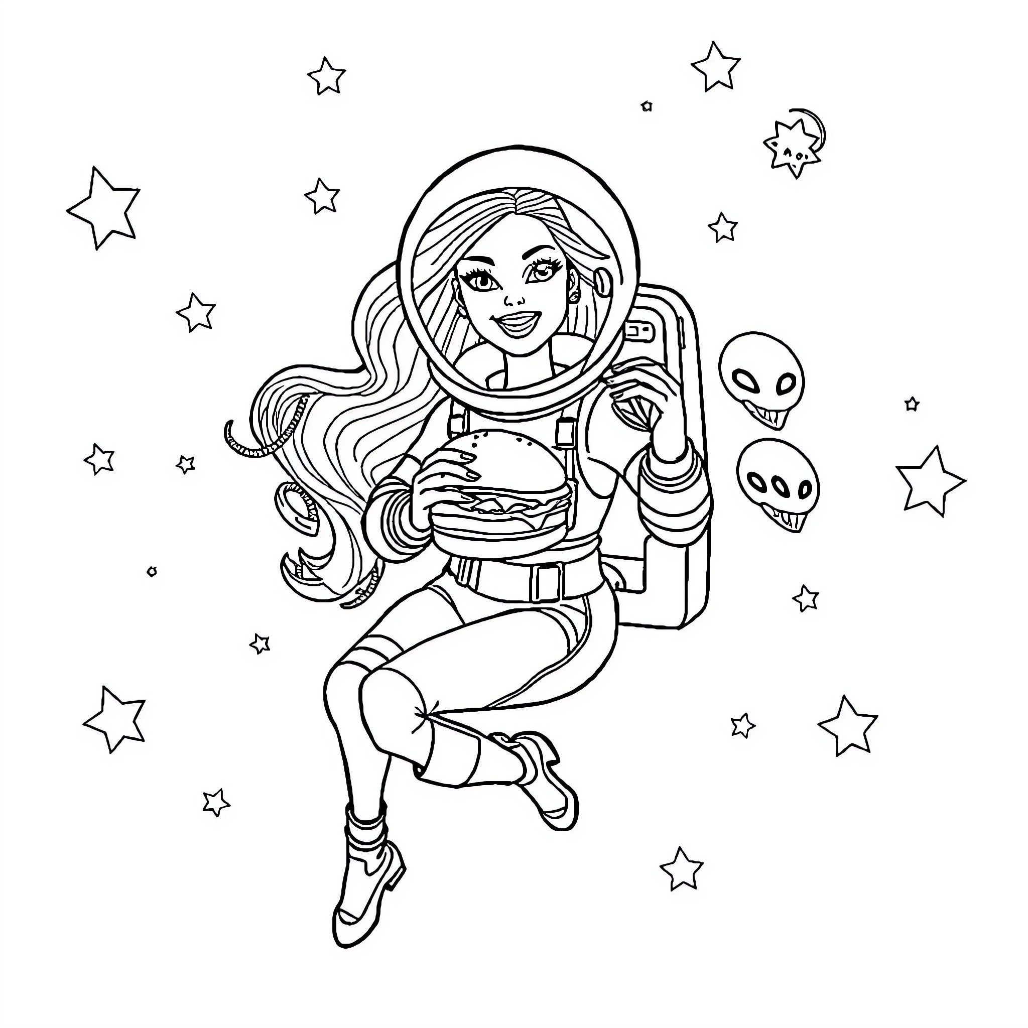 Barbie Astronaut Exploring the Galaxy Coloring Page (free black-and-white line drawing printable PDF for all, from beginners to advanced learners, including children, teens, adults, and seniors)