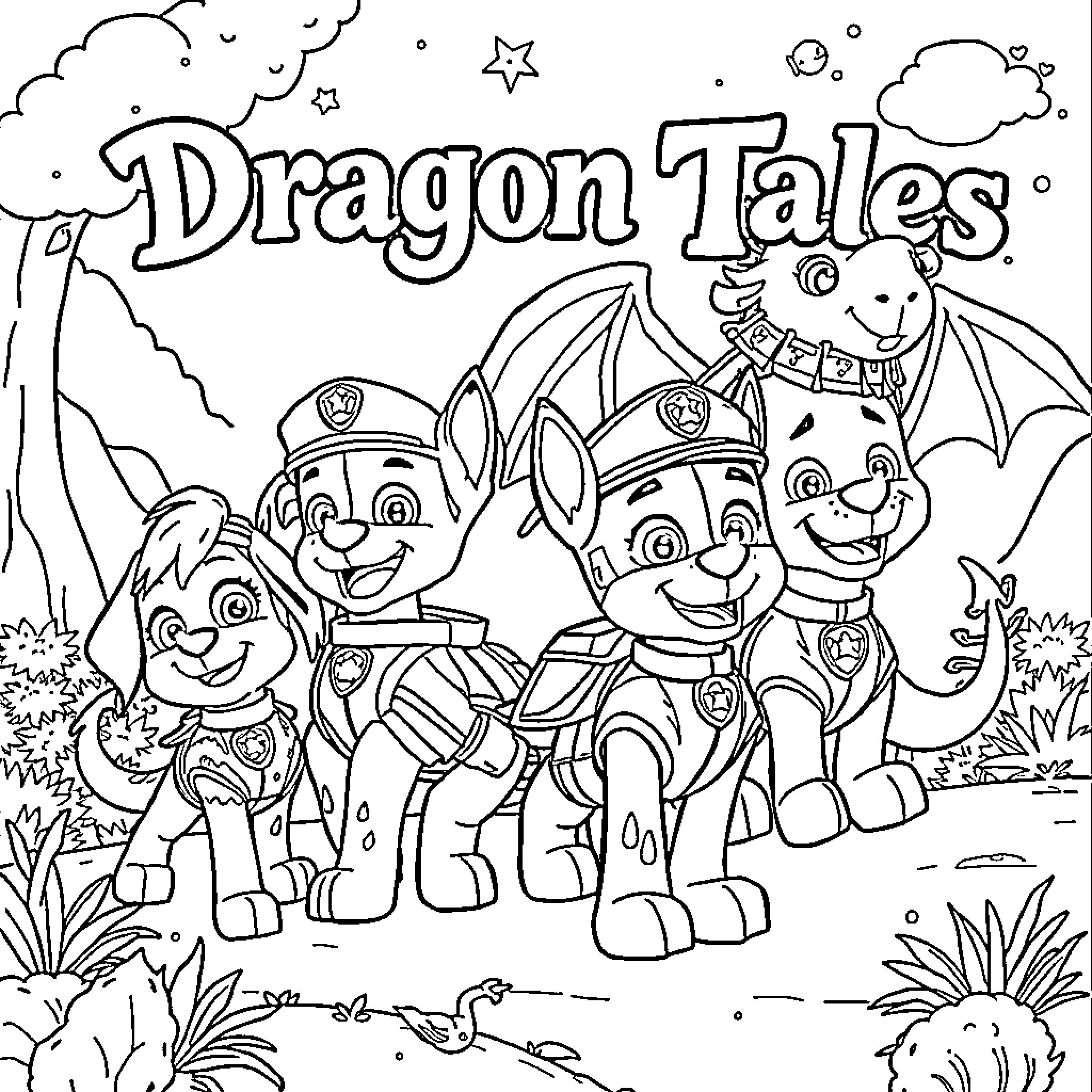 Paw Patrol Dragon Tales Adventure Coloring Page (free black-and-white line drawing printable PDF for all, from beginners to advanced learners, including children, teens, adults, and seniors)
