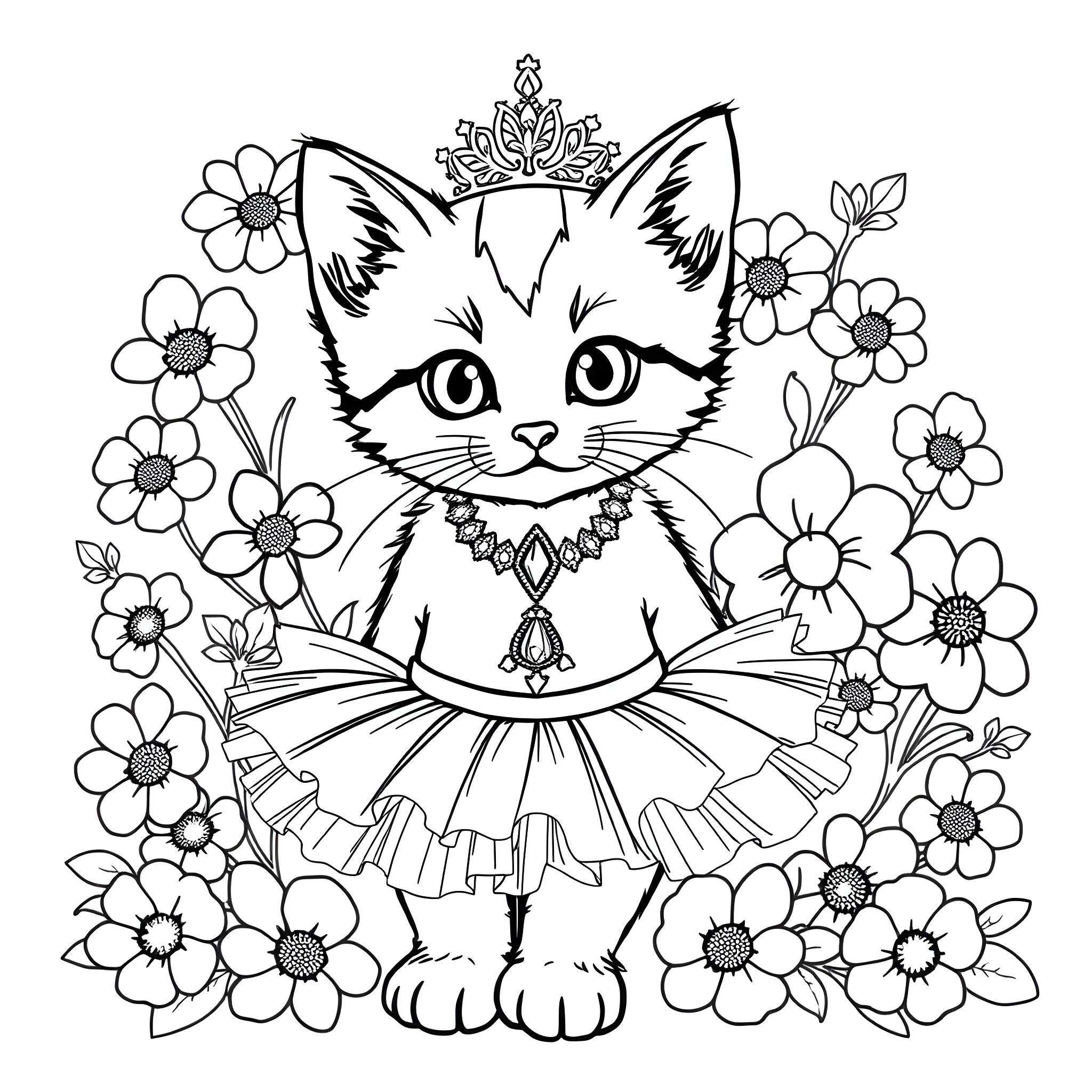 Kitten wearing a crown and surrounded by flowers Coloring Page (free black-and-white line drawing printable PDF for all, from beginners to advanced learners, including children, teens, adults, and seniors)
