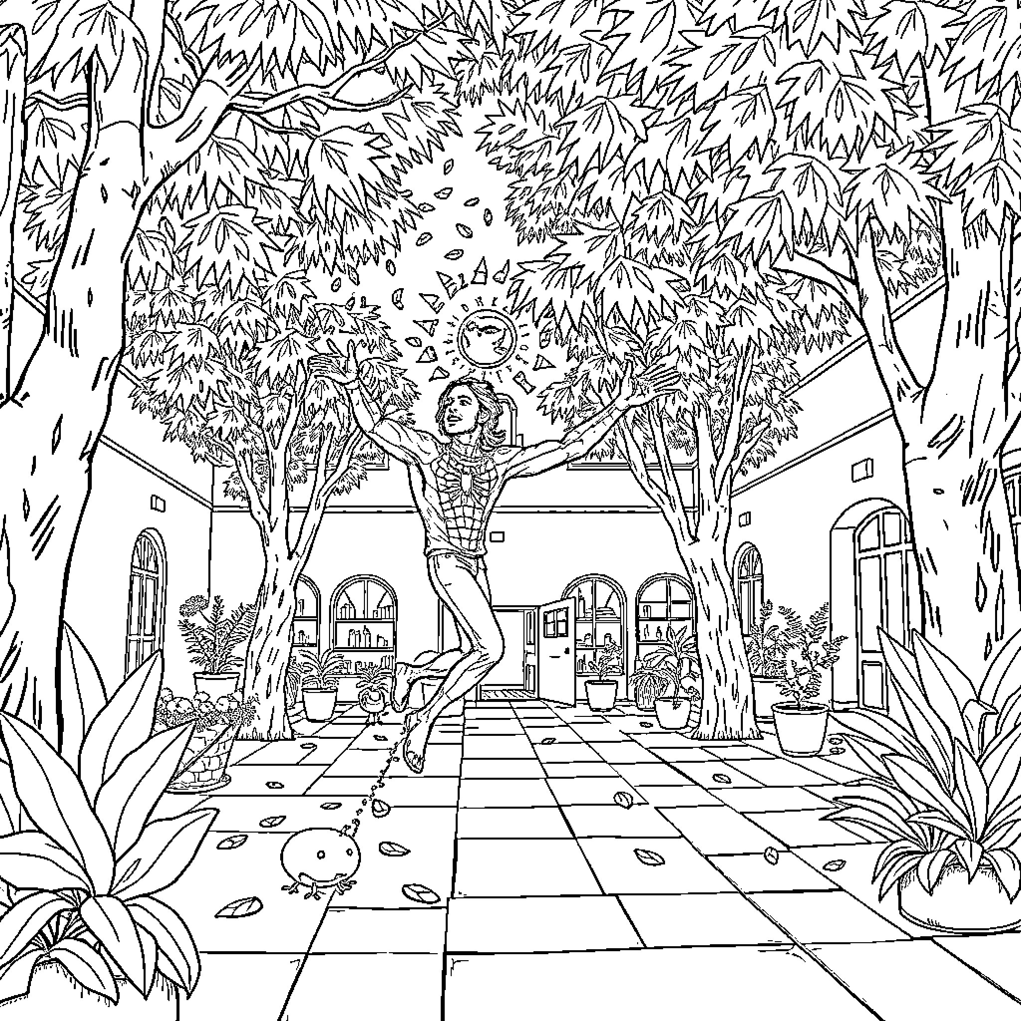 Spider-Man swinging through a lush, leafy garden Coloring Page (free black-and-white line drawing printable PDF for all, from beginners to advanced learners, including children, teens, adults, and seniors)