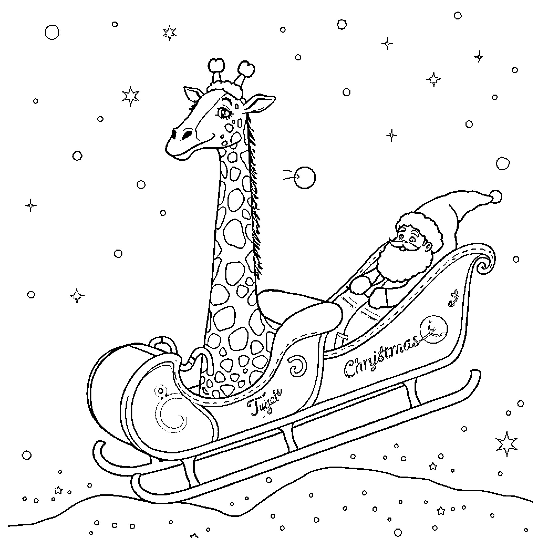 Giraffe riding Santa's sleigh in snowy night Coloring Page (free black-and-white line drawing printable PDF for all, from beginners to advanced learners, including children, teens, adults, and seniors)