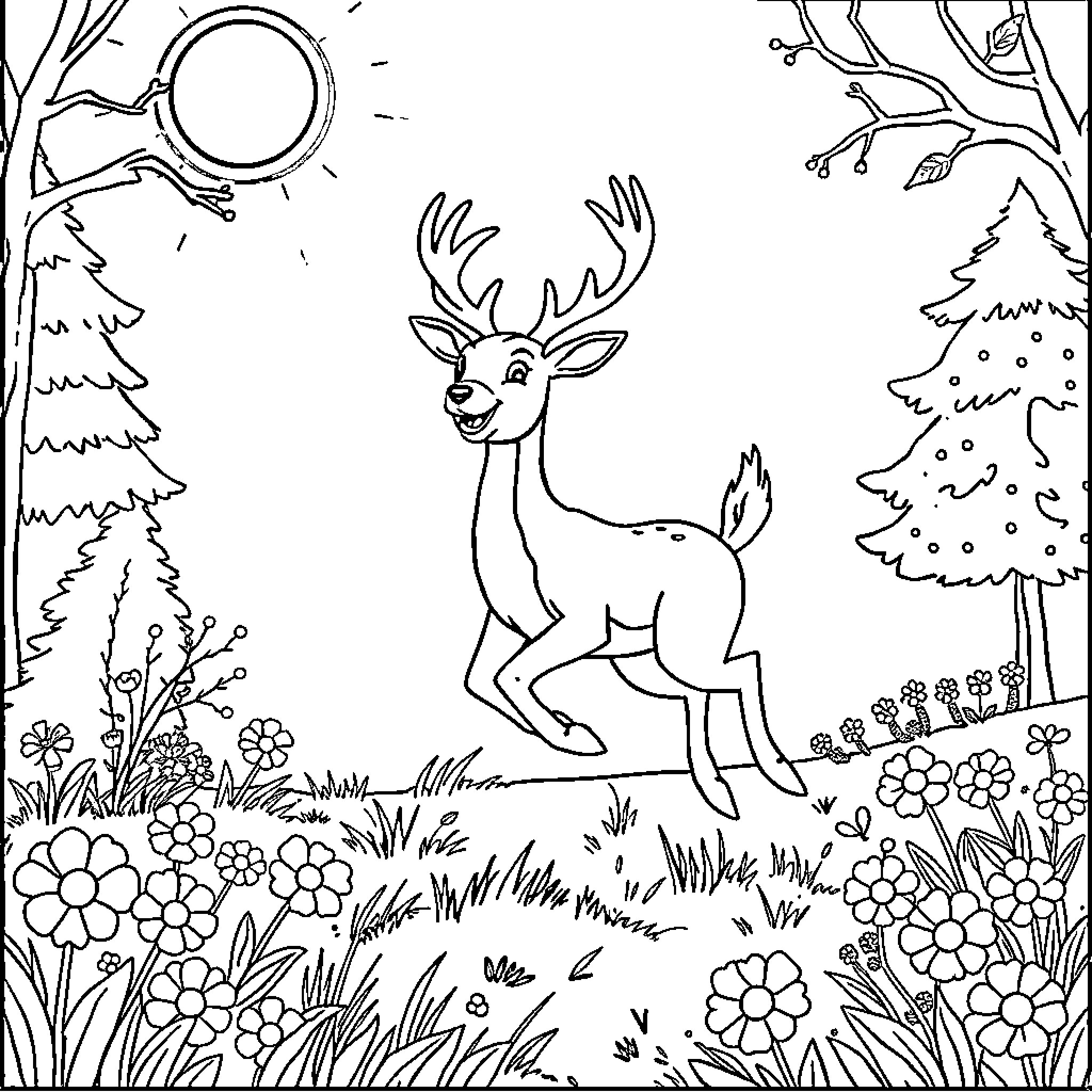 Deer frolicking joyfully in the forest Coloring Page (free black-and-white line drawing printable PDF for all, from beginners to advanced learners, including children, teens, adults, and seniors)