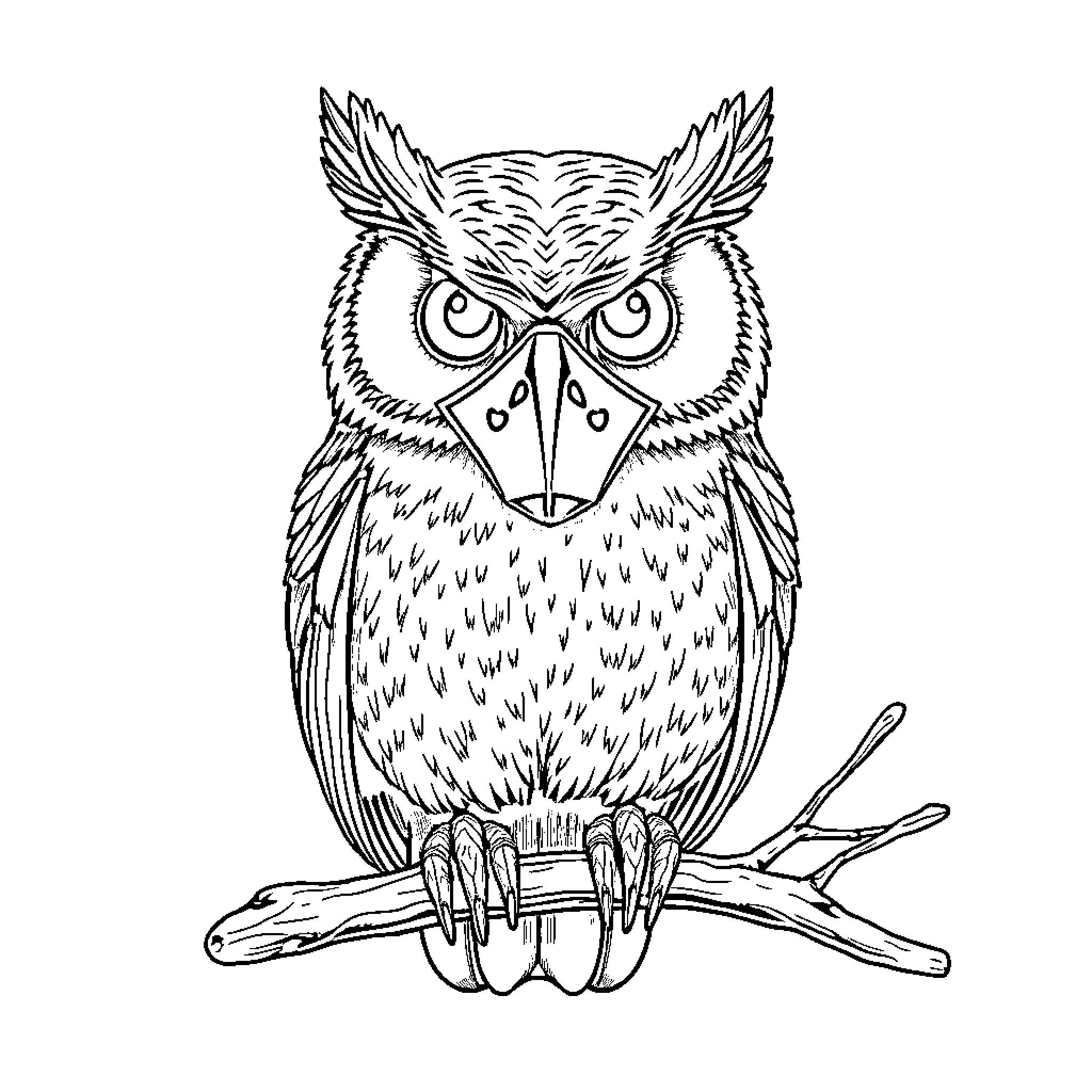 Owl perched on a branch with intense stare Coloring Page (free black-and-white line drawing printable PDF for all, from beginners to advanced learners, including children, teens, adults, and seniors)