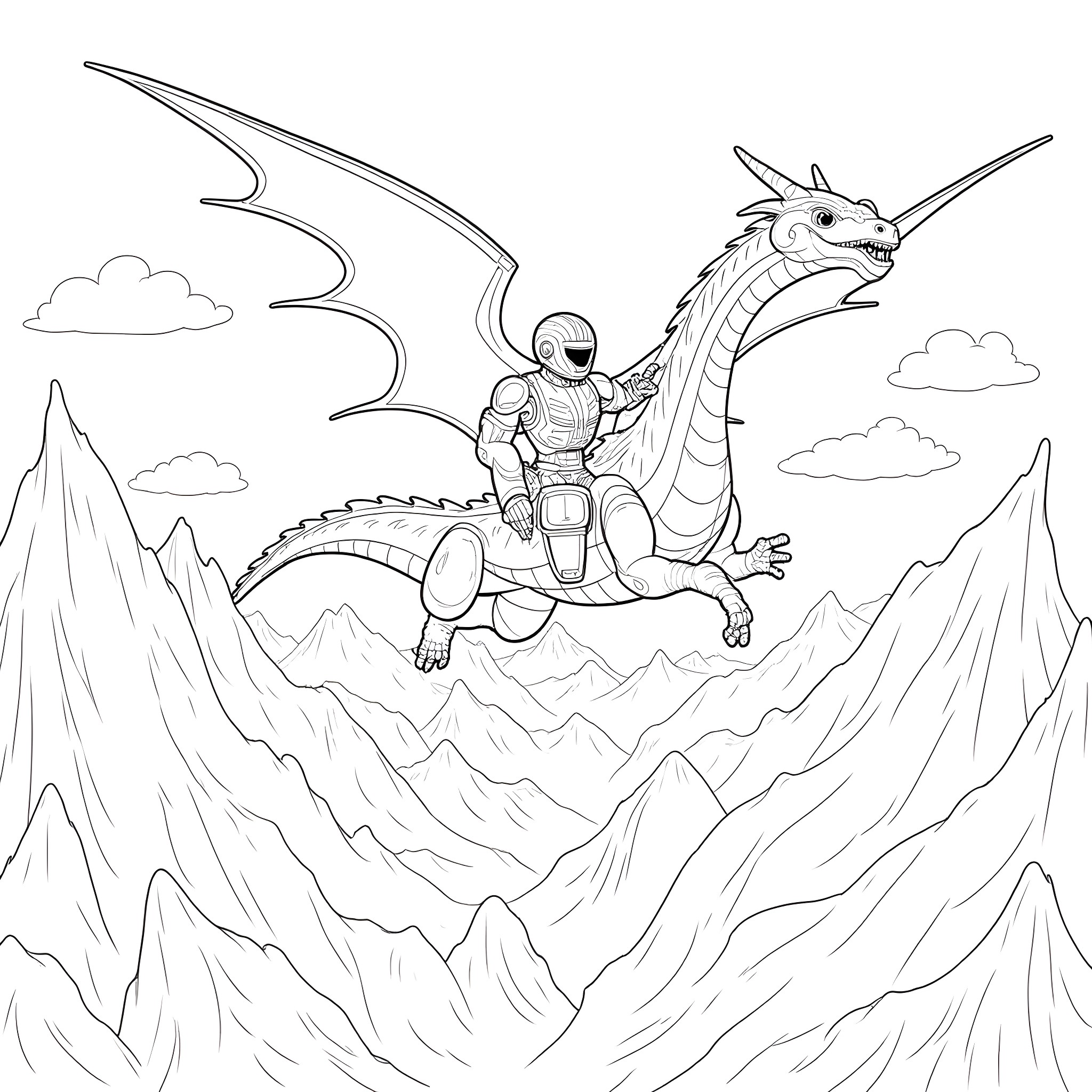Robot Riding a Dragon over the Mountains Coloring Page (free black-and-white line drawing printable PDF for all, from beginners to advanced learners, including children, teens, adults, and seniors)