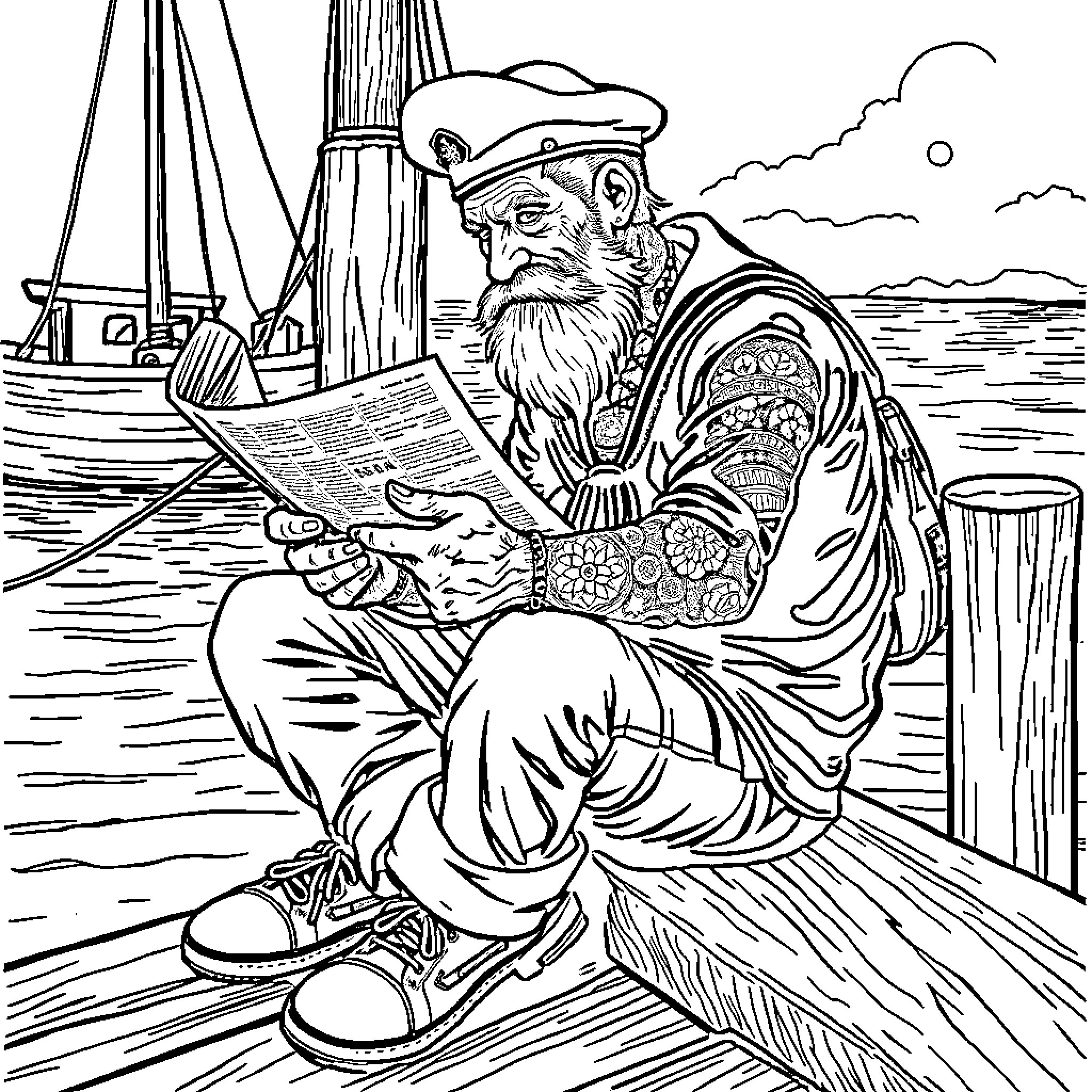 Sailor reading intently by the dock Coloring Page (free black-and-white line drawing printable PDF for all, from beginners to advanced learners, including children, teens, adults, and seniors)