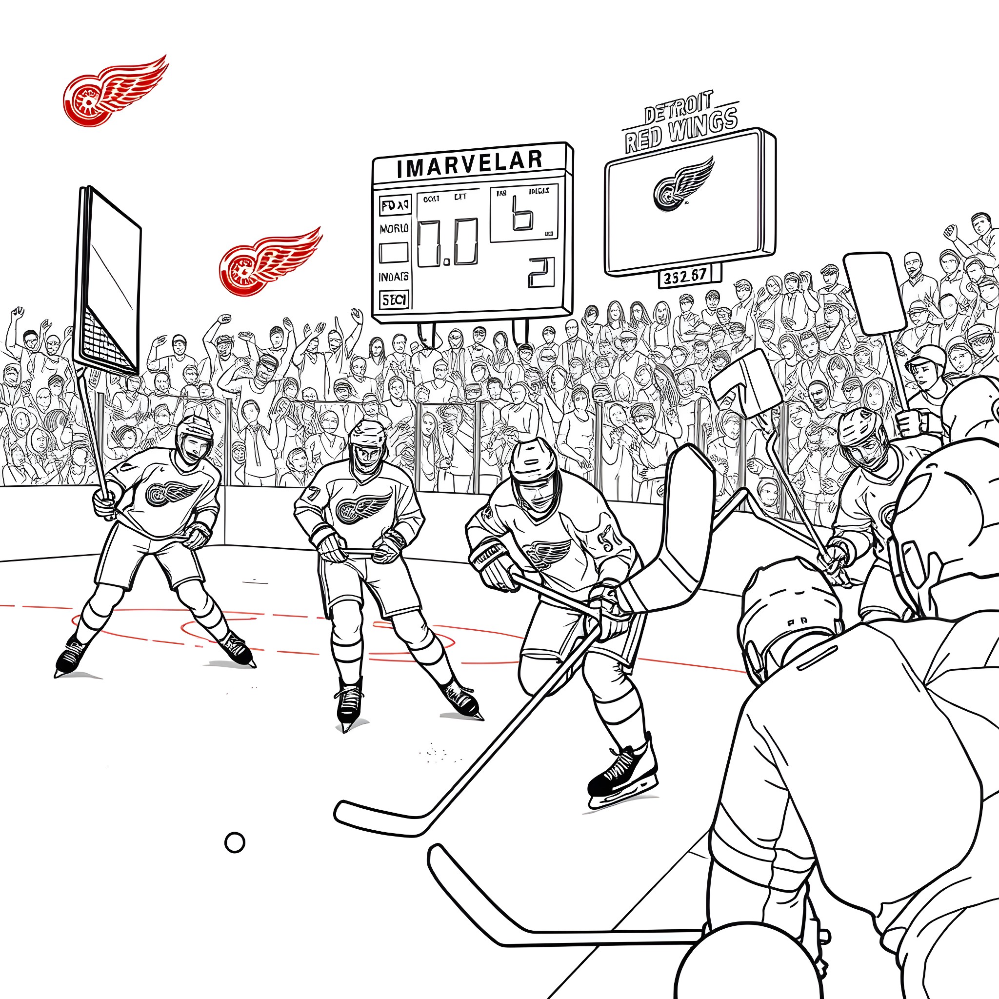 Hockey Players in Action on Ice Rink Coloring Page (free black-and-white line drawing printable PDF for all, from beginners to advanced learners, including children, teens, adults, and seniors)