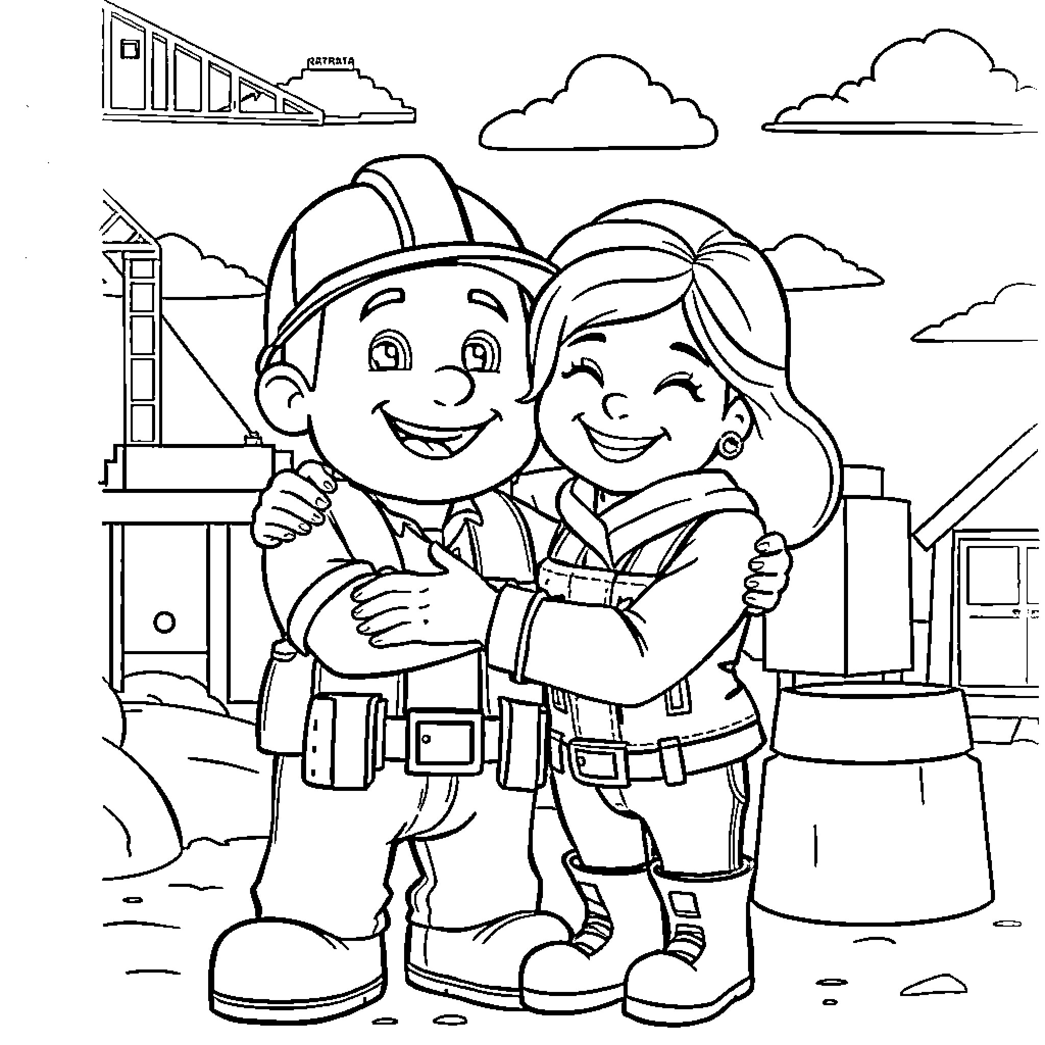 Bob the Builder and Wendy on a construction site Coloring Page (free black-and-white line drawing printable PDF for all, from beginners to advanced learners, including children, teens, adults, and seniors)