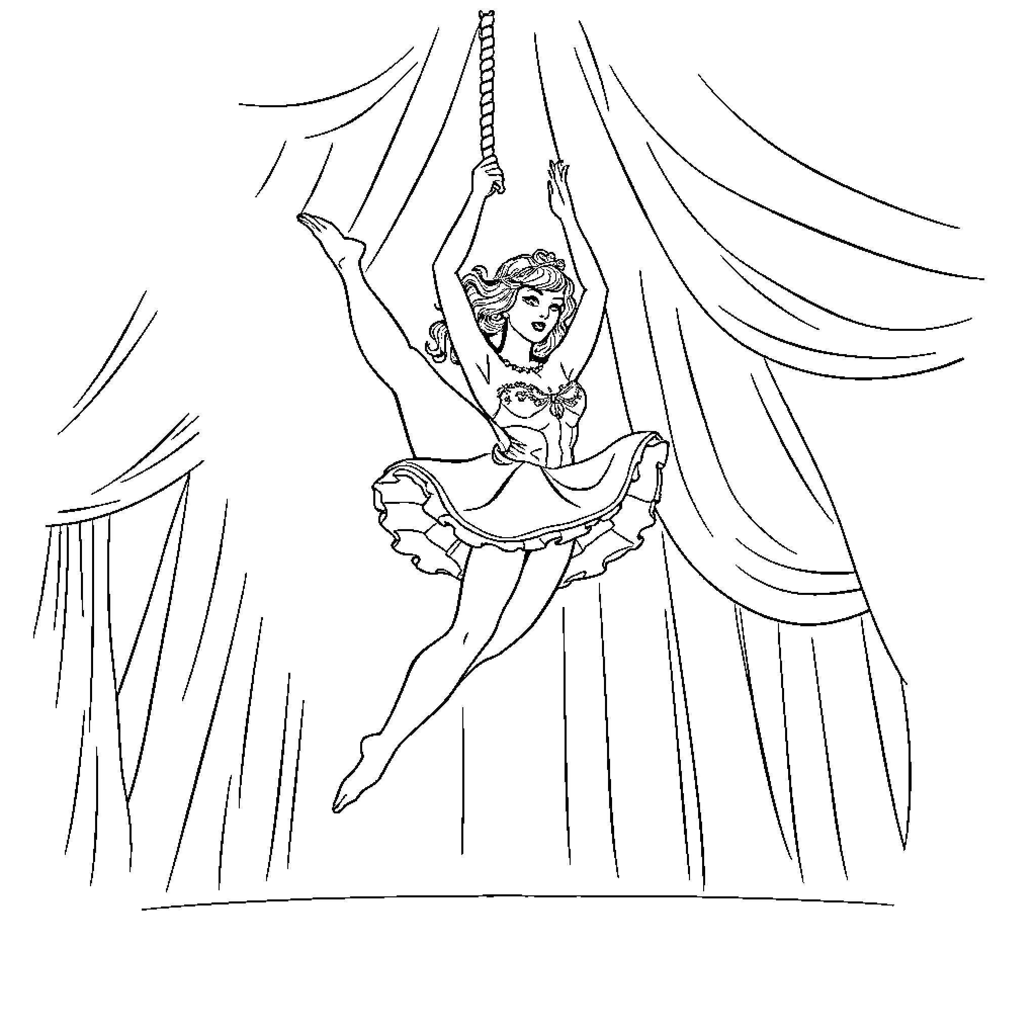 Dancer performing graceful aerial routine on stage Coloring Page (free black-and-white line drawing printable PDF for all, from beginners to advanced learners, including children, teens, adults, and seniors)
