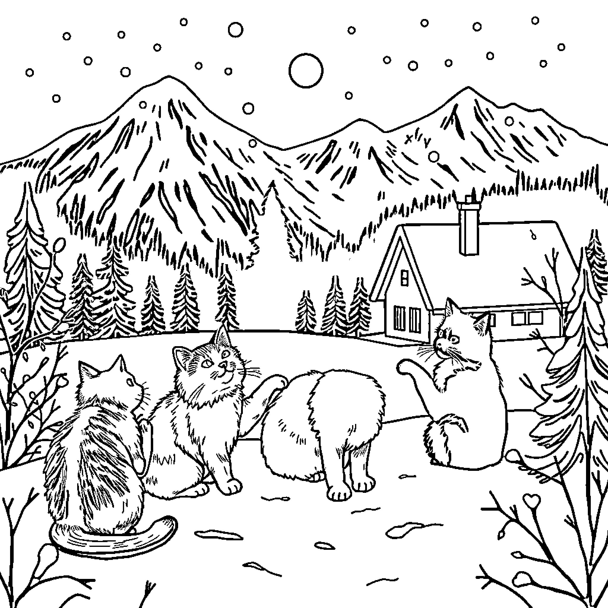 Cats exploring the snowy mountain landscape Coloring Page (free black-and-white line drawing printable PDF for all, from beginners to advanced learners, including children, teens, adults, and seniors)