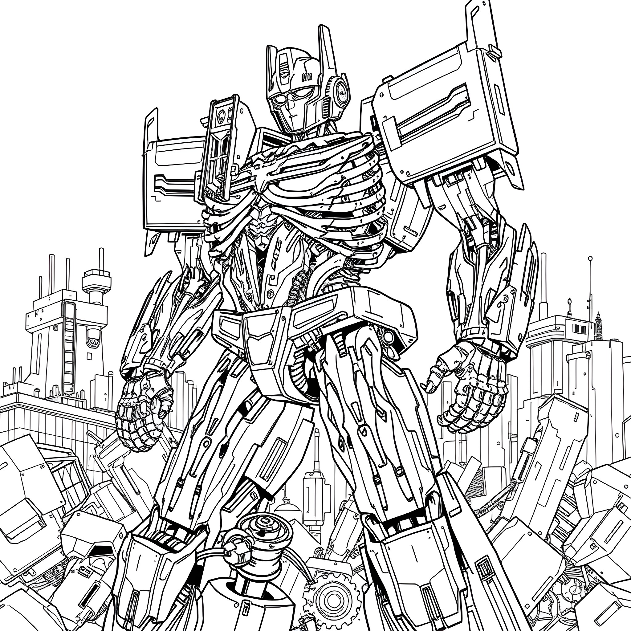 Optimus Prime Rises Above the City Skyline Coloring Page (free black-and-white line drawing printable PDF for all, from beginners to advanced learners, including children, teens, adults, and seniors)
