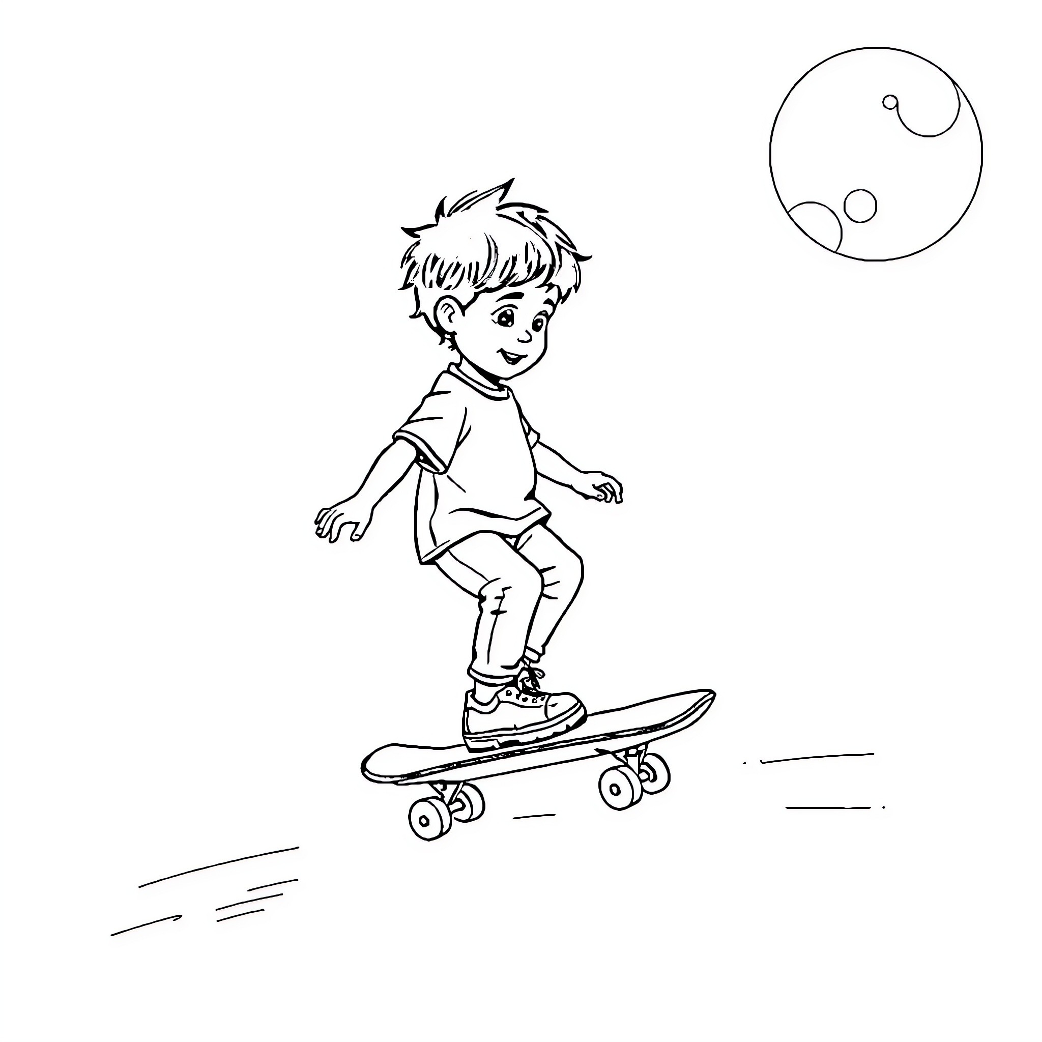Child riding skateboard happily Coloring Page (free black-and-white line drawing printable PDF for all, from beginners to advanced learners, including children, teens, adults, and seniors)