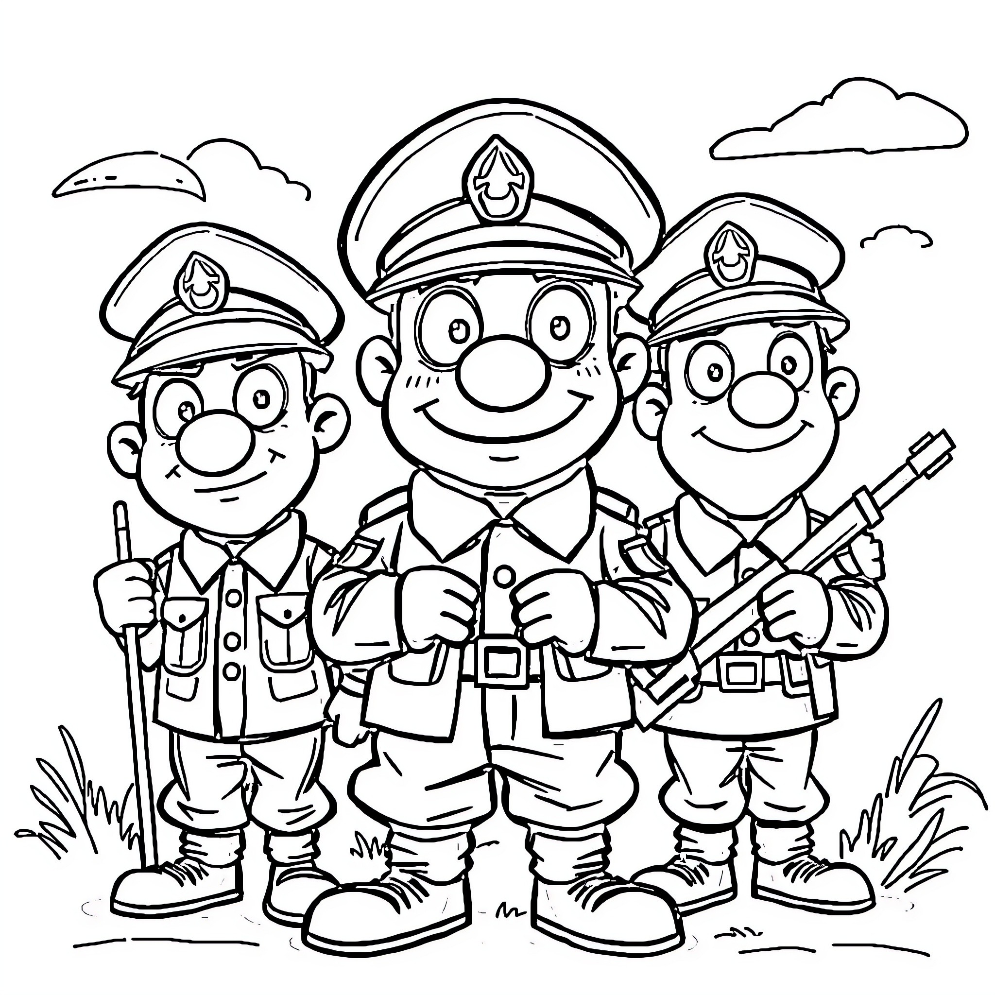 Military personnel in uniform with happy expressions Coloring Page (free black-and-white line drawing printable PDF for all, from beginners to advanced learners, including children, teens, adults, and seniors)