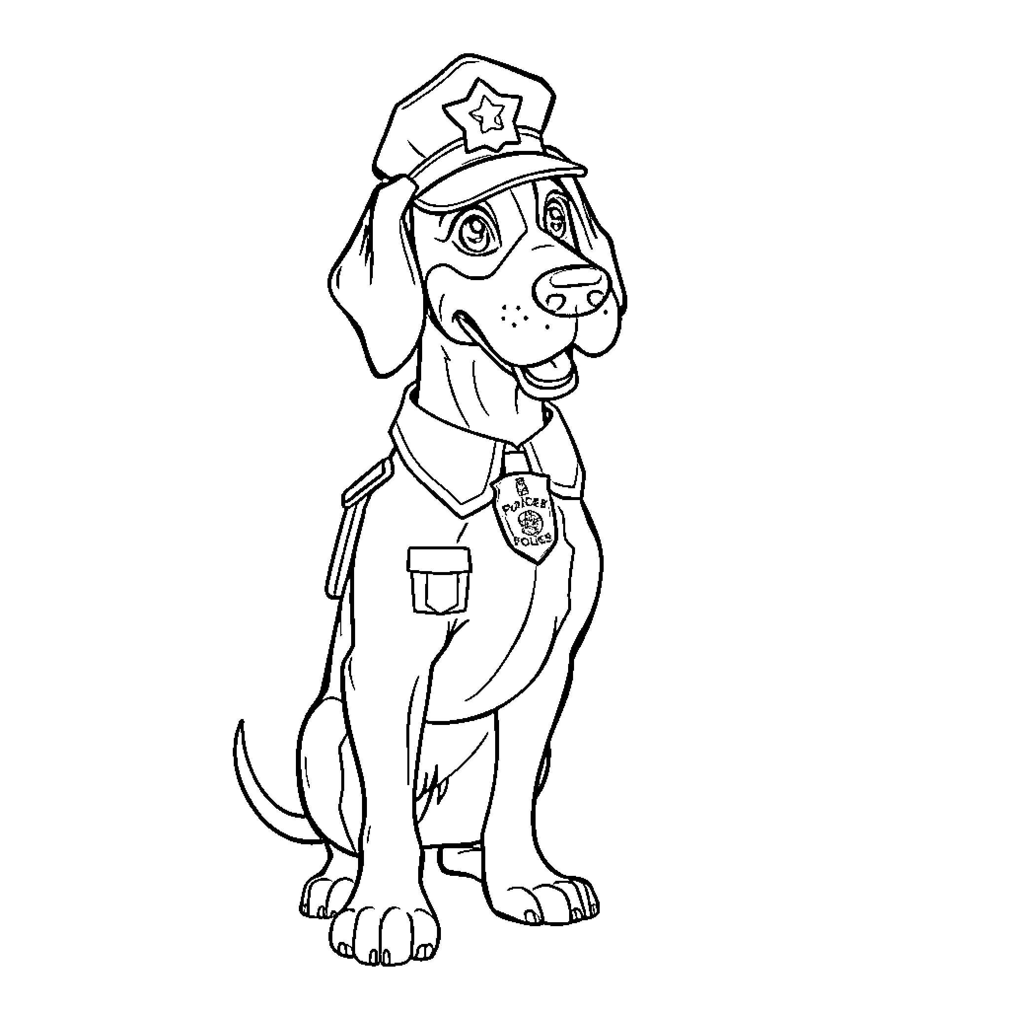 Hound wearing police uniform and hat Coloring Page (free black-and-white line drawing printable PDF for all, from beginners to advanced learners, including children, teens, adults, and seniors)