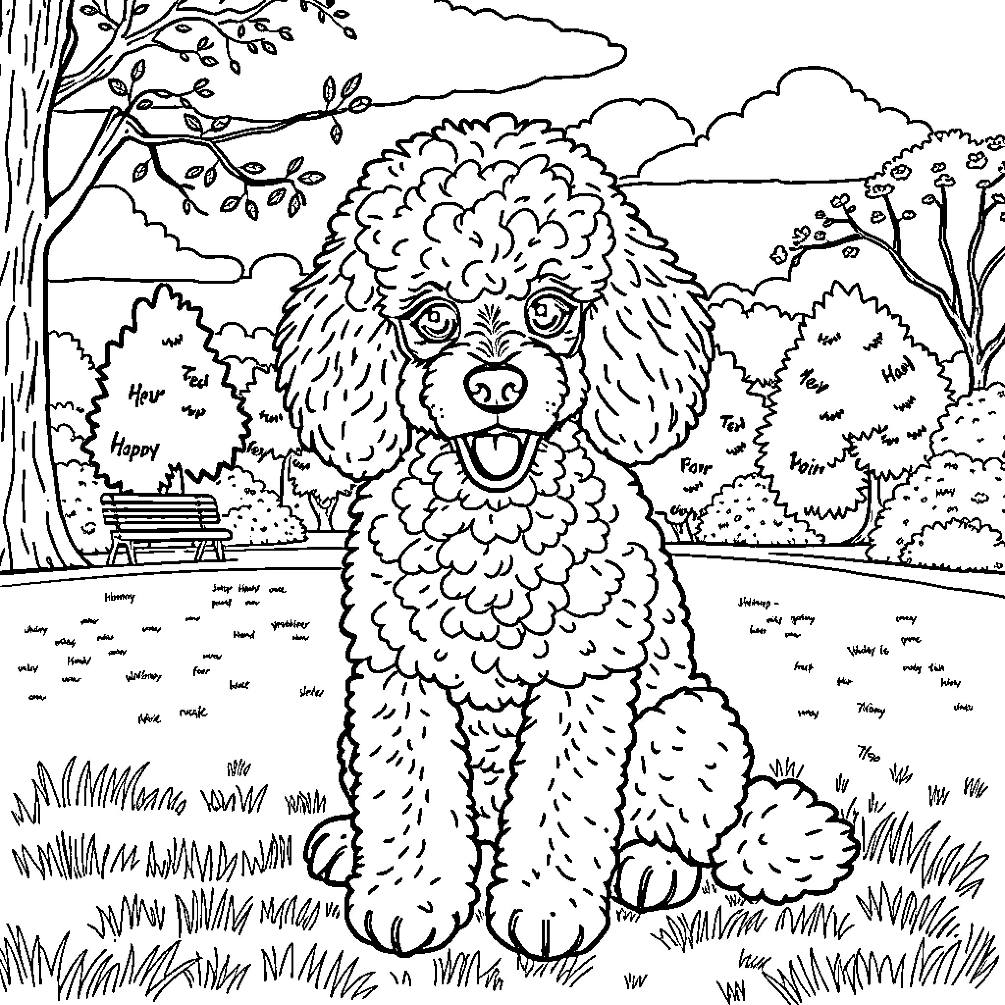 Poodle playing in a park with nature Coloring Page (free black-and-white line drawing printable PDF for all, from beginners to advanced learners, including children, teens, adults, and seniors)
