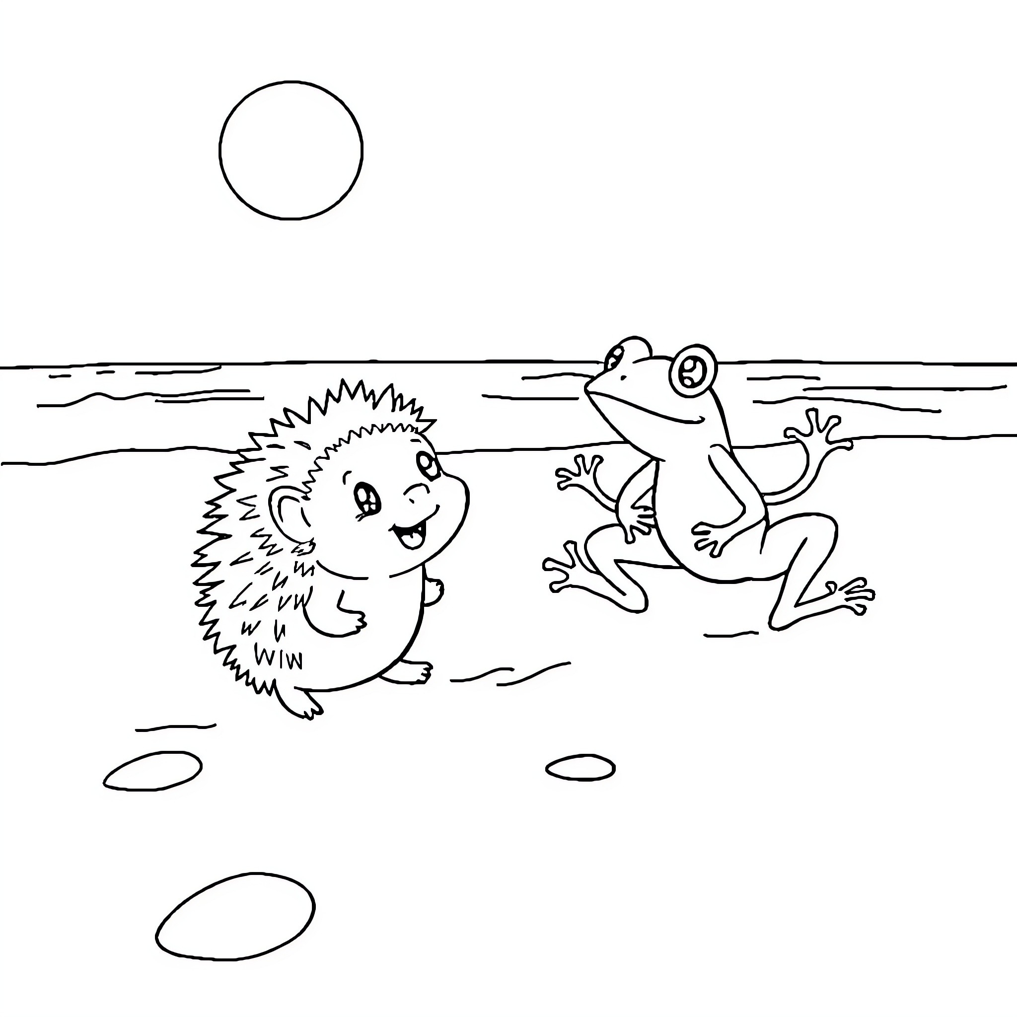 Hedgehog and frog playing together outdoors Coloring Page (free black-and-white line drawing printable PDF for all, from beginners to advanced learners, including children, teens, adults, and seniors)