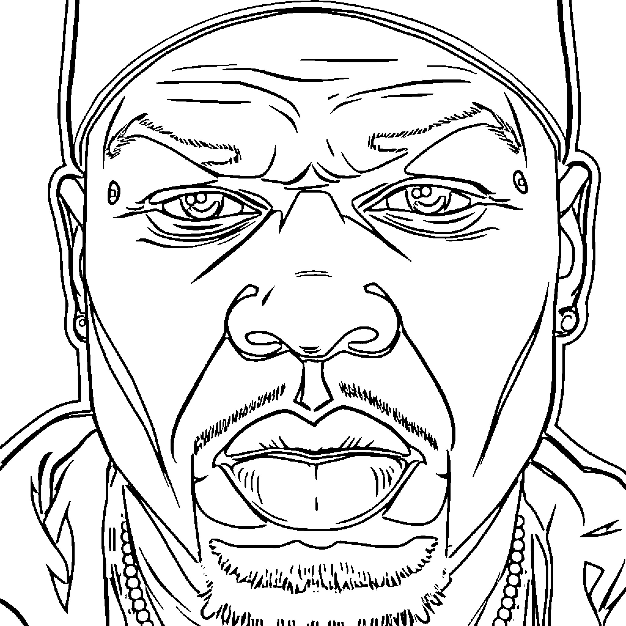 50 Cent's intense facial expression in close-up portrait Coloring Page (free black-and-white line drawing printable PDF for all, from beginners to advanced learners, including children, teens, adults, and seniors)