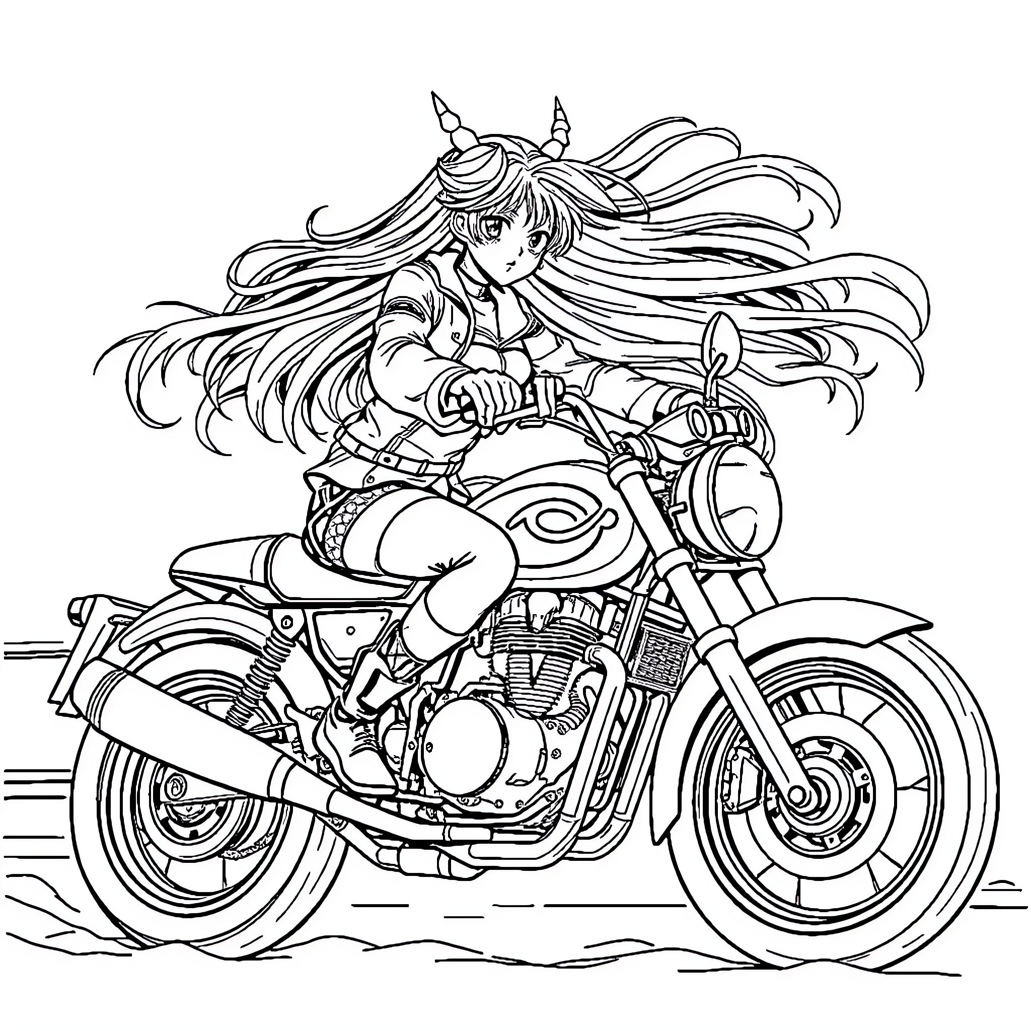 Nezuko riding a powerful motorcycle on the open road Coloring Page (free black-and-white line drawing printable PDF for all, from beginners to advanced learners, including children, teens, adults, and seniors)