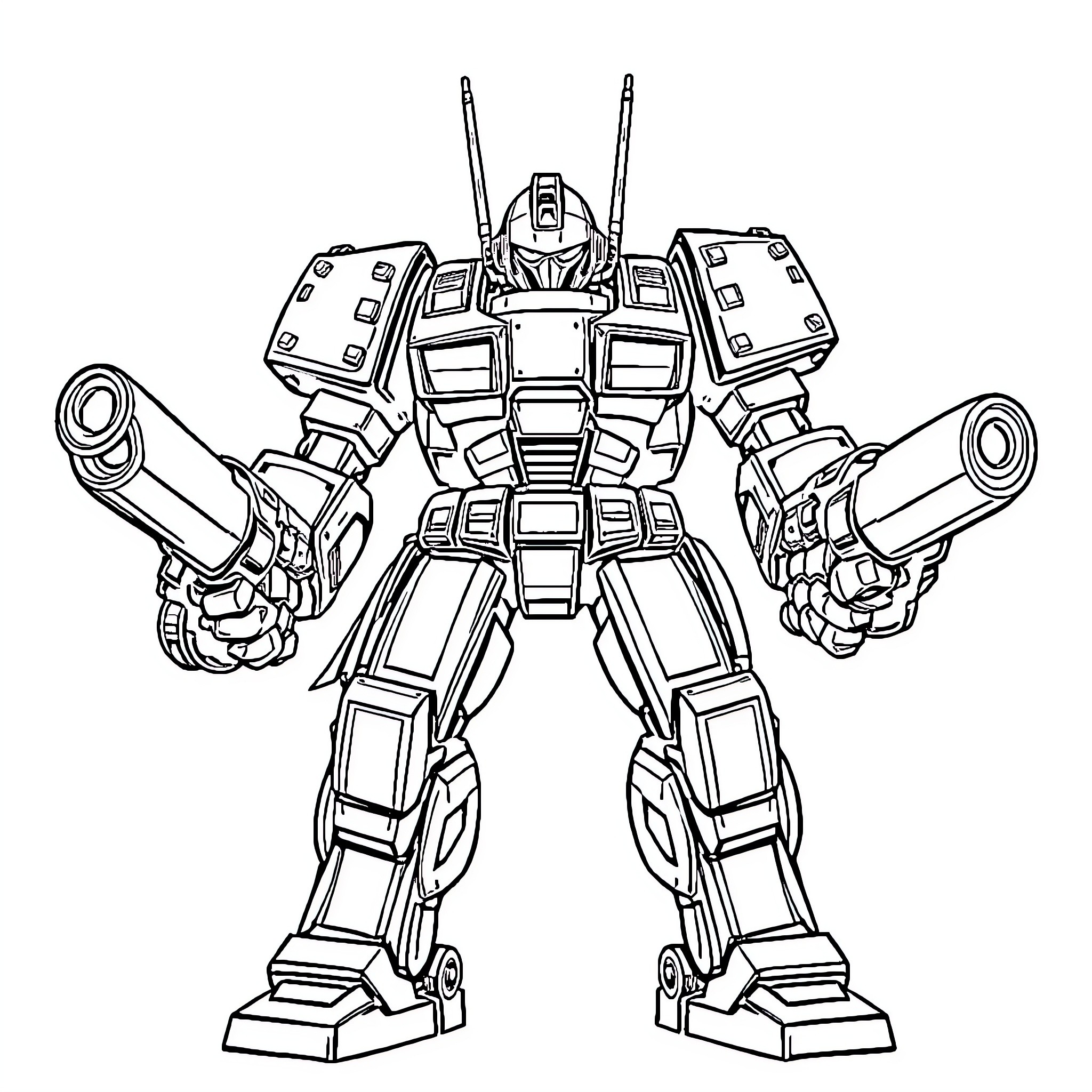 Robot Mech Wielding Powerful Weapons Coloring Page (free black-and-white line drawing printable PDF for all, from beginners to advanced learners, including children, teens, adults, and seniors)