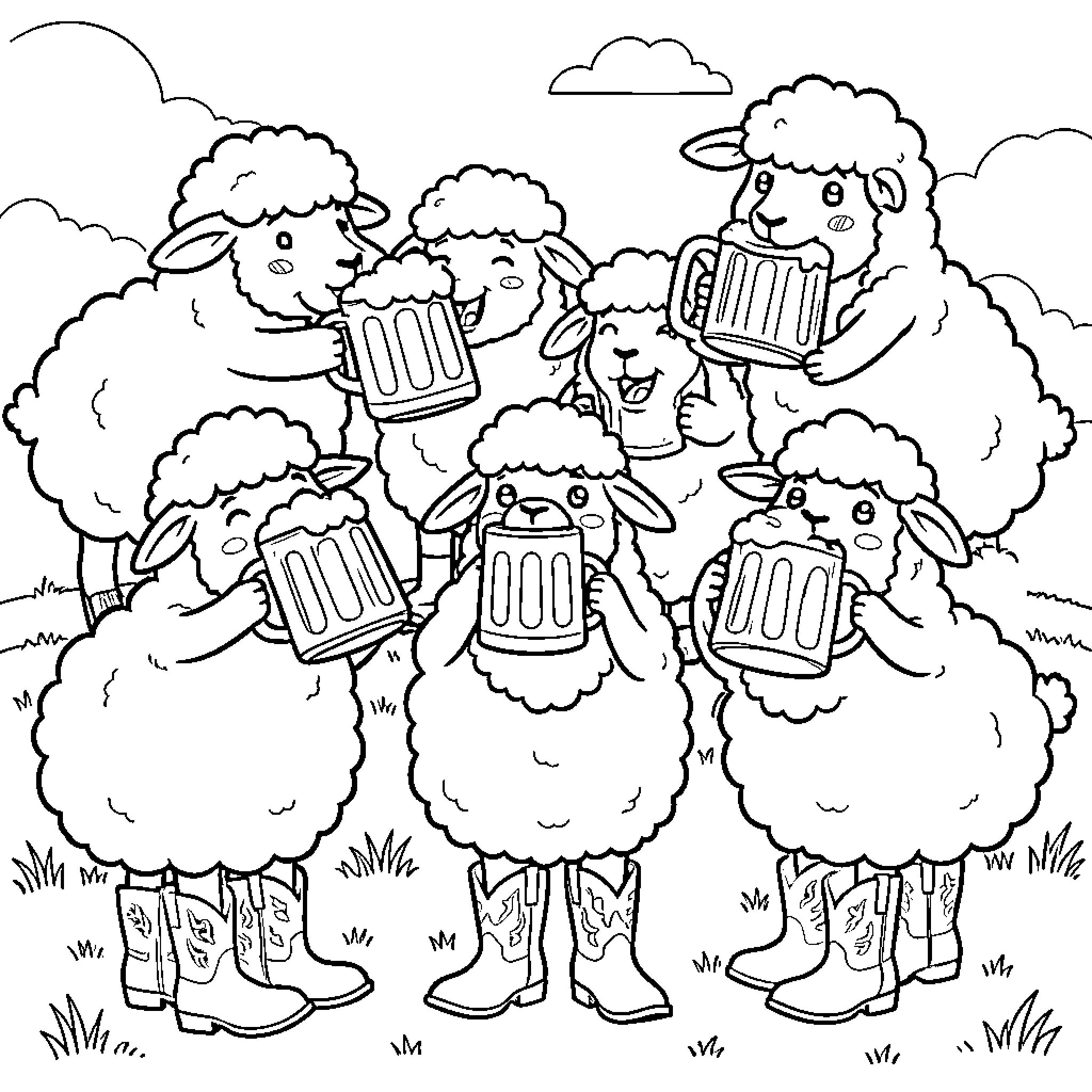 Sheep enjoying drinks together in field Coloring Page (free black-and-white line drawing printable PDF for all, from beginners to advanced learners, including children, teens, adults, and seniors)