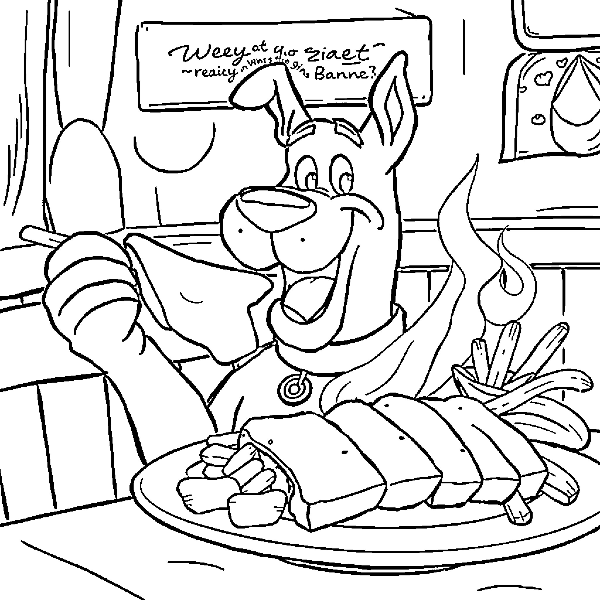 Scooby Doo enjoying a Spicy Snack Coloring Page (free black-and-white line drawing printable PDF for all, from beginners to advanced learners, including children, teens, adults, and seniors)