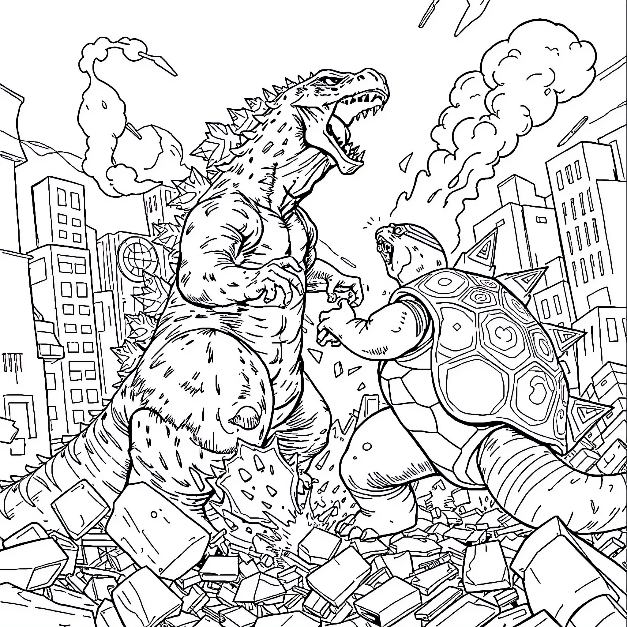 Godzilla rampaging through a destroyed city Coloring Page (free black-and-white line drawing printable PDF for all, from beginners to advanced learners, including children, teens, adults, and seniors)