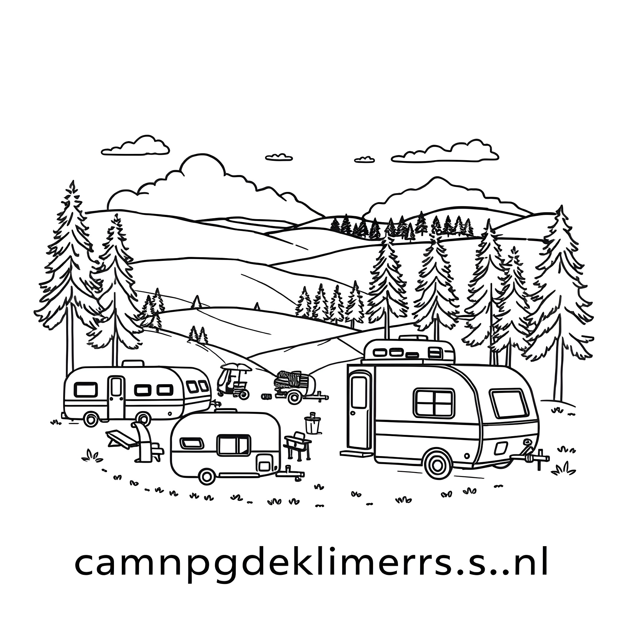 Camping Logo with RVs and Campers in Scenic Landscape Coloring Page (free black-and-white line drawing printable PDF for all, from beginners to advanced learners, including children, teens, adults, and seniors)