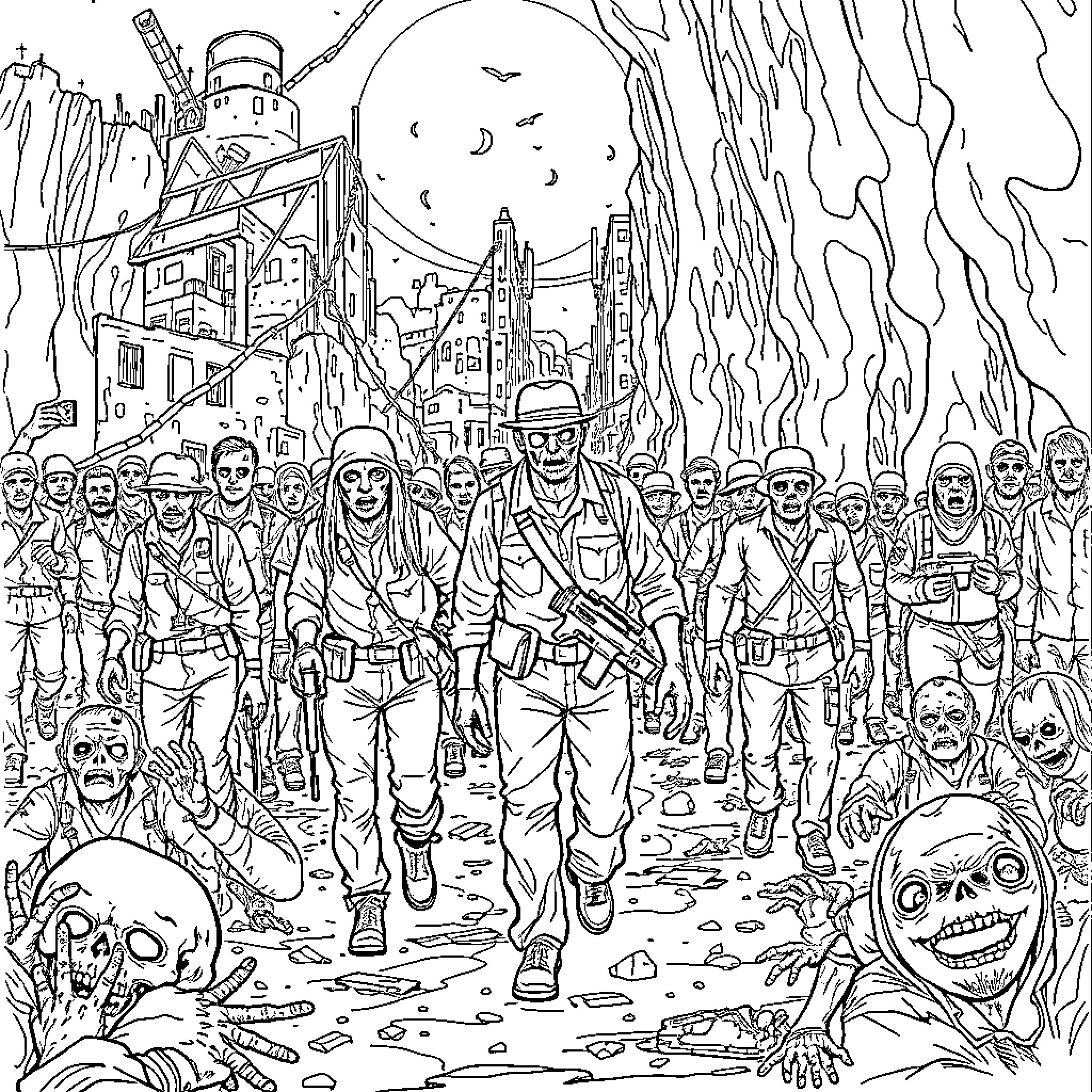 Walking Dead: Soldiers and Zombies in Post-Apocalyptic City Coloring Page (free black-and-white line drawing printable PDF for all, from beginners to advanced learners, including children, teens, adults, and seniors)