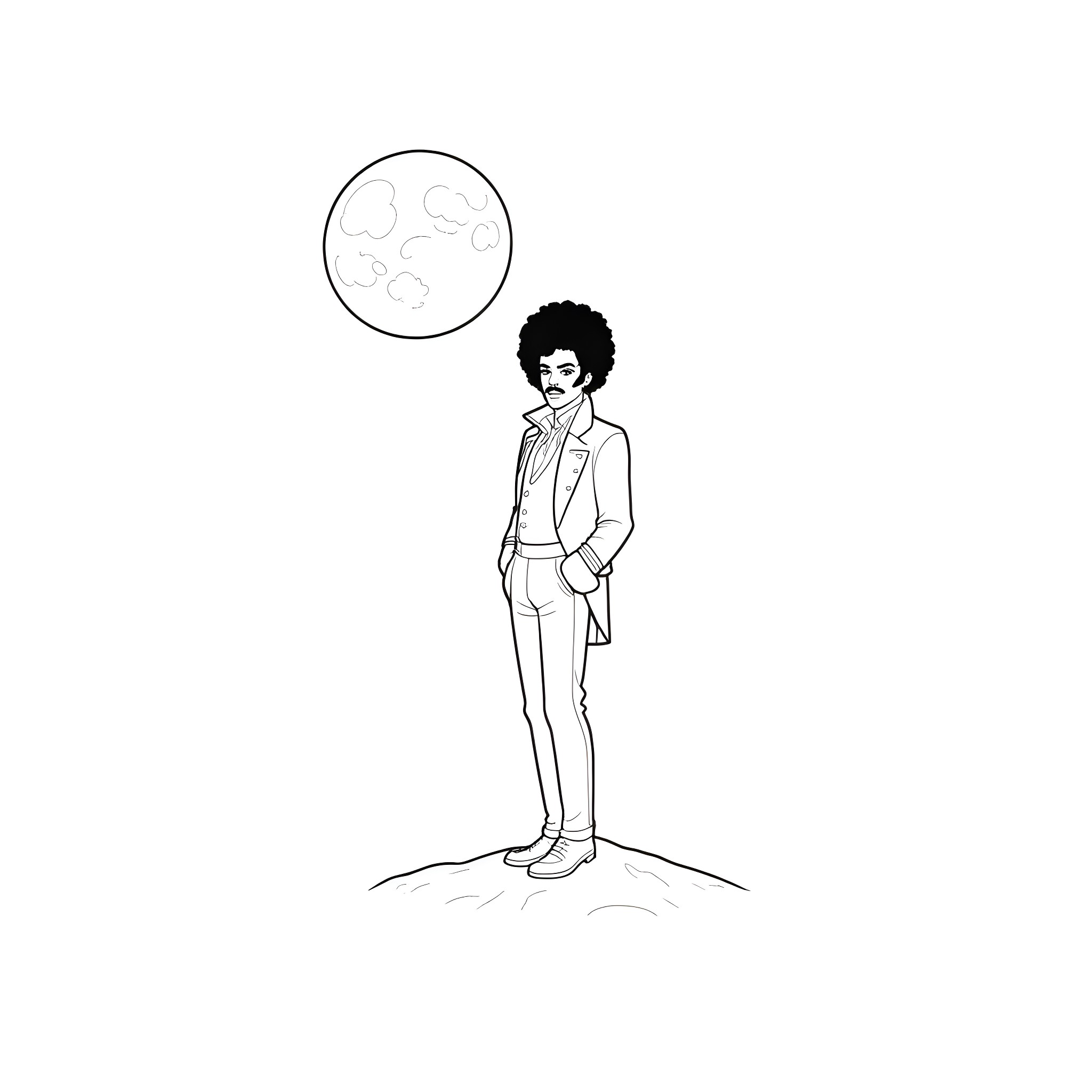 Prince admiring the moon in the night sky Coloring Page (free black-and-white line drawing printable PDF for all, from beginners to advanced learners, including children, teens, adults, and seniors)