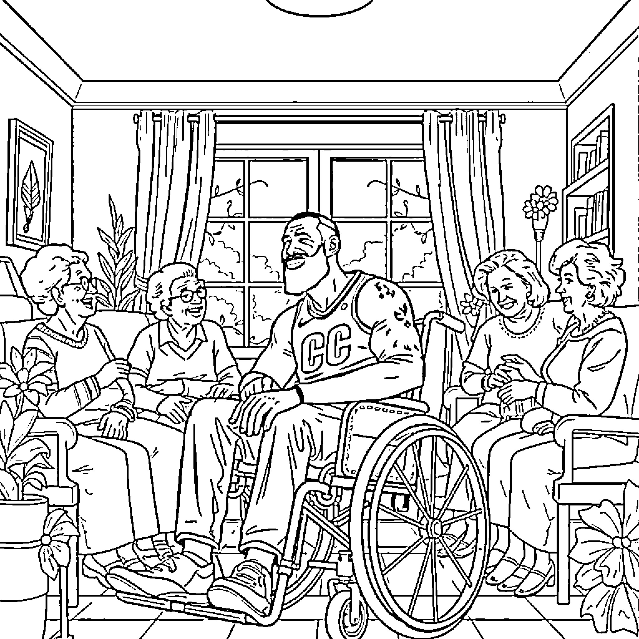 LeBron James interacting with elderly people in a care home setting Coloring Page (free black-and-white line drawing printable PDF for all, from beginners to advanced learners, including children, teens, adults, and seniors)