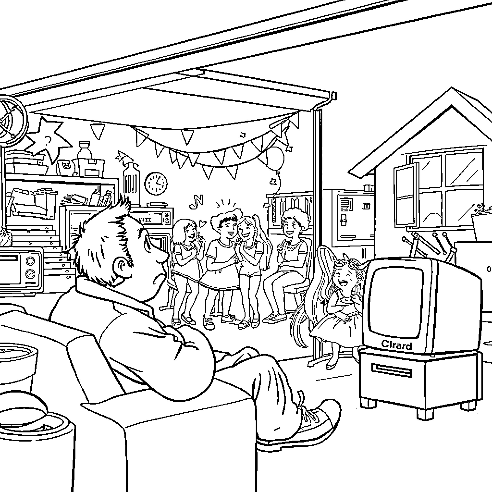 Dad watches family gather for a celebration Coloring Page (free black-and-white line drawing printable PDF for all, from beginners to advanced learners, including children, teens, adults, and seniors)