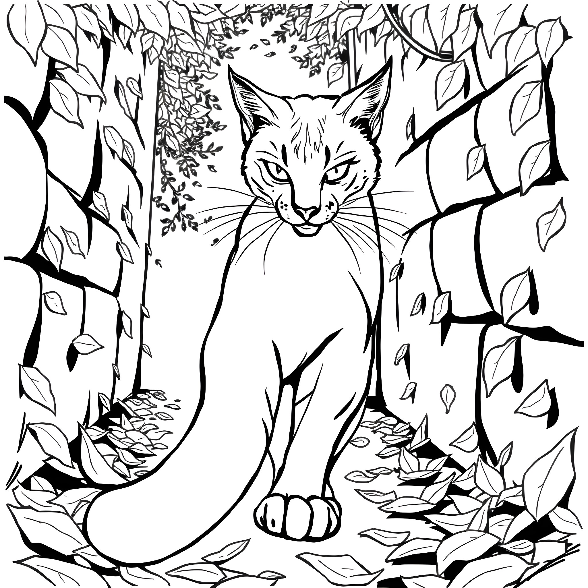 Cat Peeking Through Autumn Leaves Coloring Page (free black-and-white line drawing printable PDF for all, from beginners to advanced learners, including children, teens, adults, and seniors)