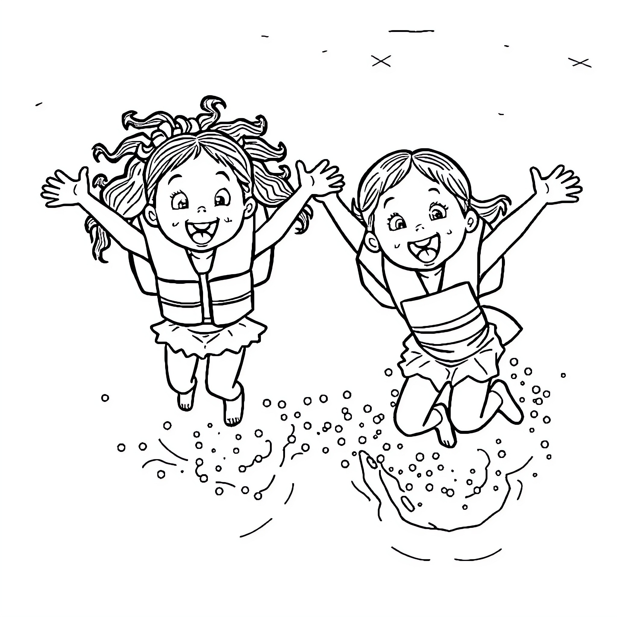 Girls joyfully jumping with excitement Coloring Page (free black-and-white line drawing printable PDF for all, from beginners to advanced learners, including children, teens, adults, and seniors)