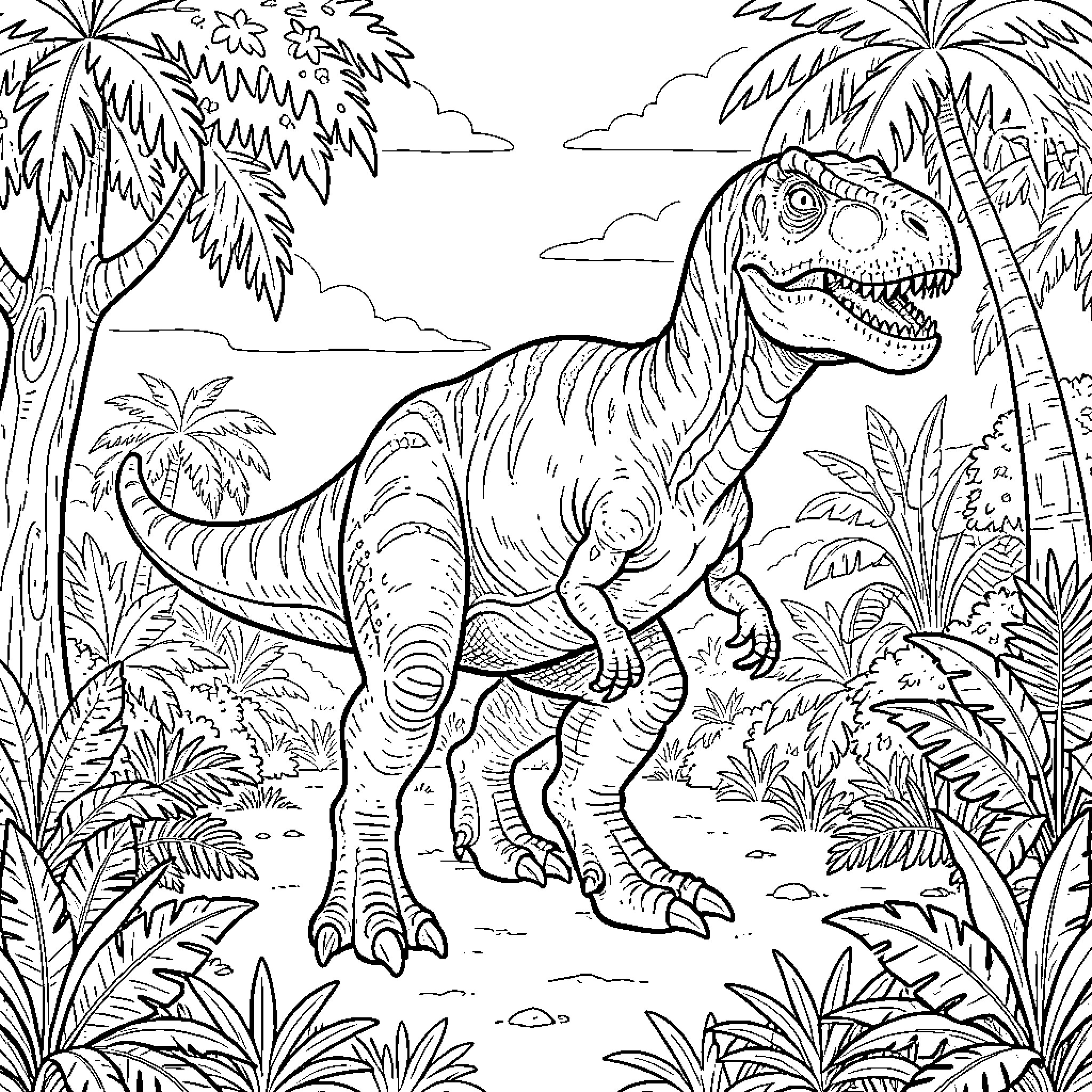 Dinosaur walking through a lush tropical jungle Coloring Page (free black-and-white line drawing printable PDF for all, from beginners to advanced learners, including children, teens, adults, and seniors)