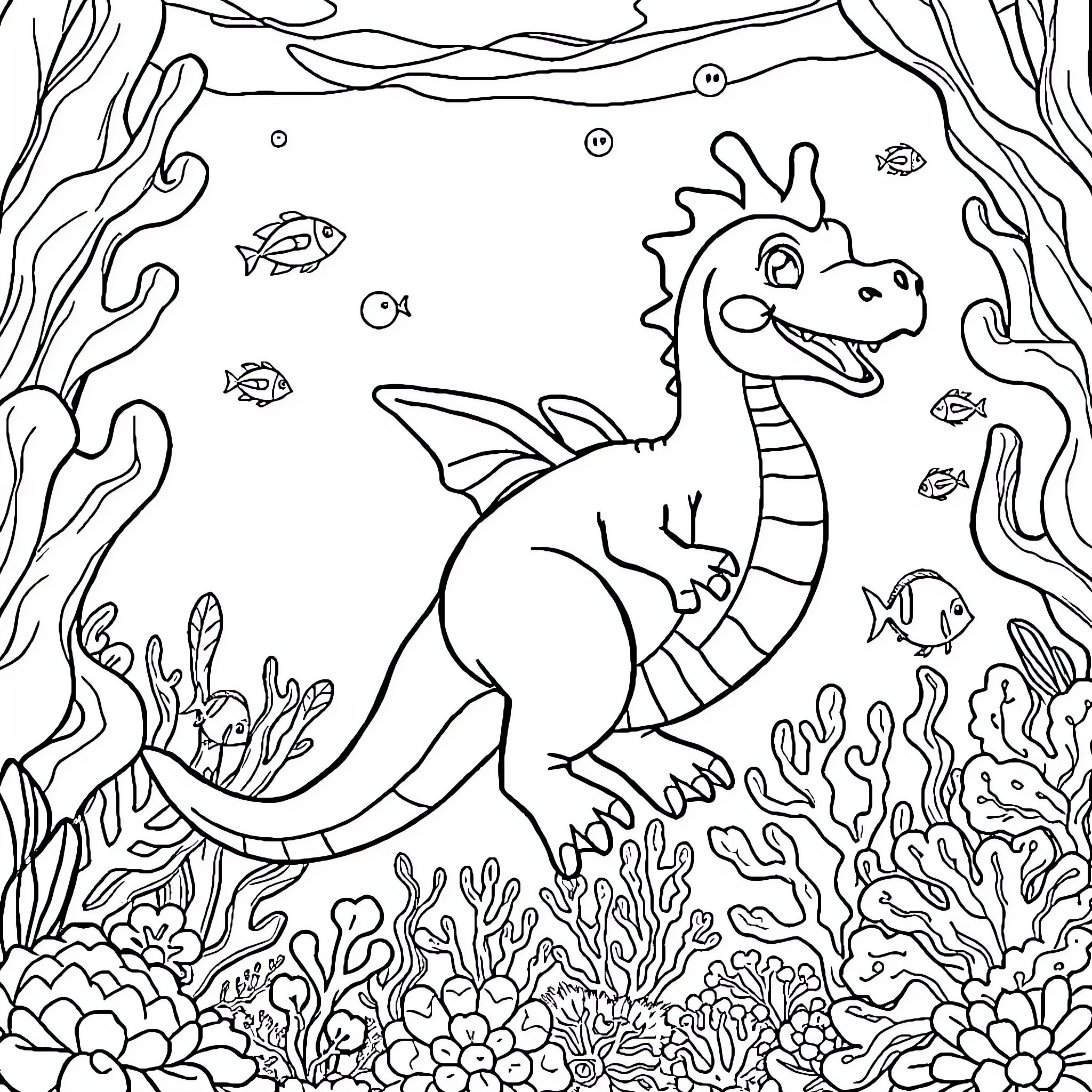 Barney's Underwater Adventure Coloring Page (free black-and-white line drawing printable PDF for all, from beginners to advanced learners, including children, teens, adults, and seniors)