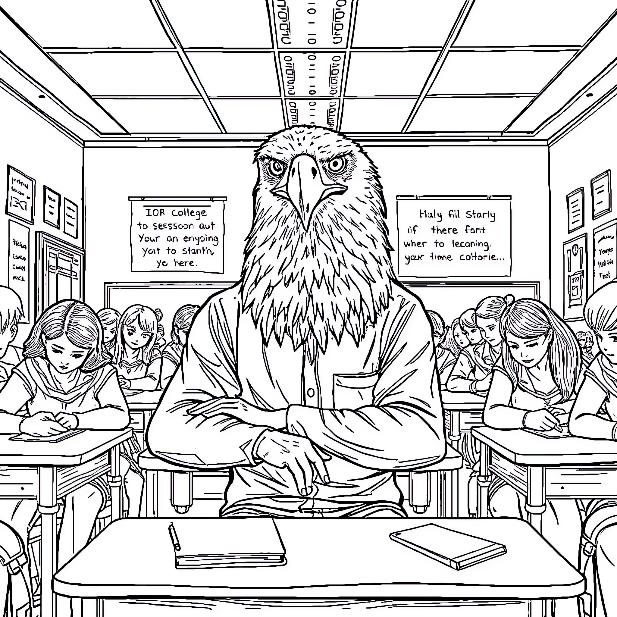 Human students in classroom with eagle-headed teacher Coloring Page (free black-and-white line drawing printable PDF for all, from beginners to advanced learners, including children, teens, adults, and seniors)