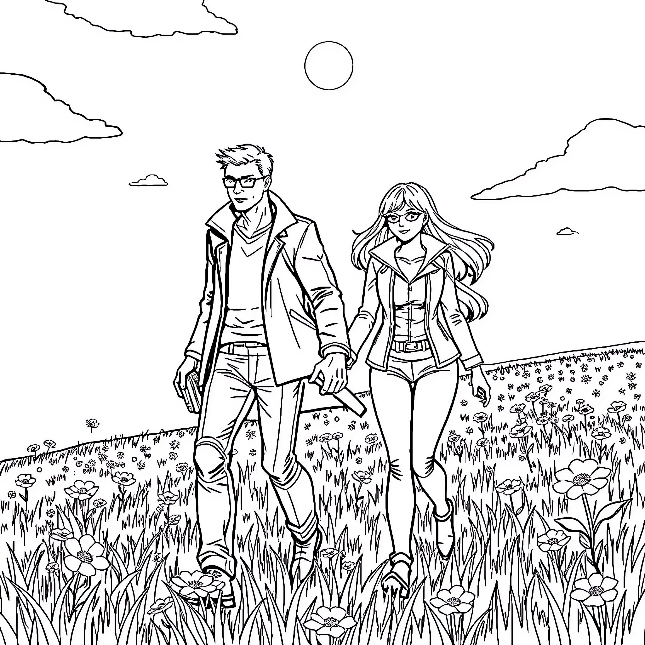 Detective couple exploring outdoor scenery Coloring Page (free black-and-white line drawing printable PDF for all, from beginners to advanced learners, including children, teens, adults, and seniors)