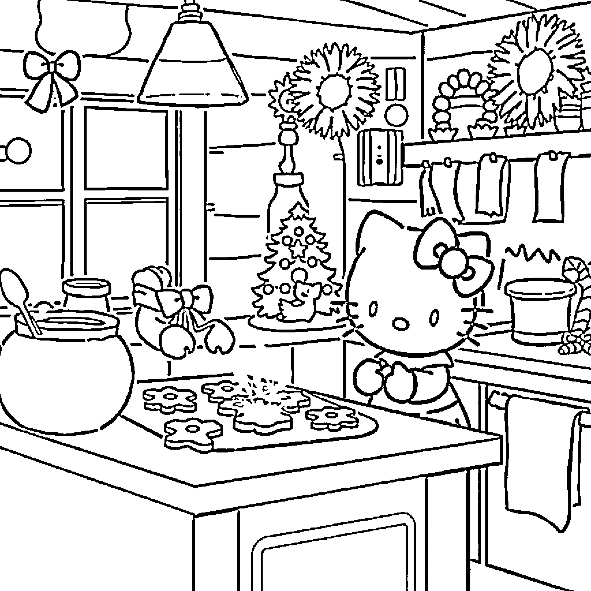 Hello Kitty baking cookies in festive kitchen Coloring Page (free black-and-white line drawing printable PDF for all, from beginners to advanced learners, including children, teens, adults, and seniors)