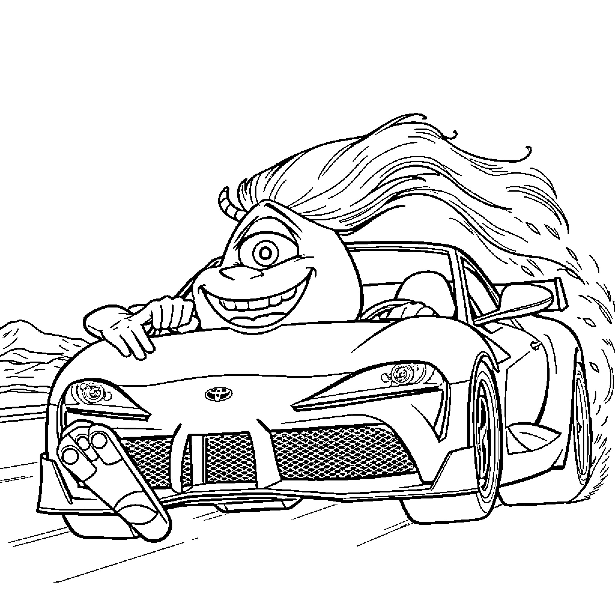 Mike Wazowski driving a fast car with excitement Coloring Page (free black-and-white line drawing printable PDF for all, from beginners to advanced learners, including children, teens, adults, and seniors)