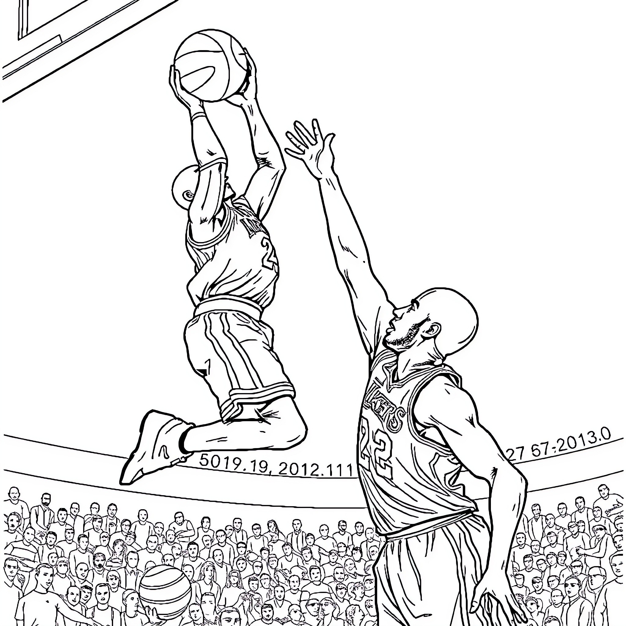 Michael Jordan's Basketball Heroics in the Game Coloring Page (free black-and-white line drawing printable PDF for all, from beginners to advanced learners, including children, teens, adults, and seniors)