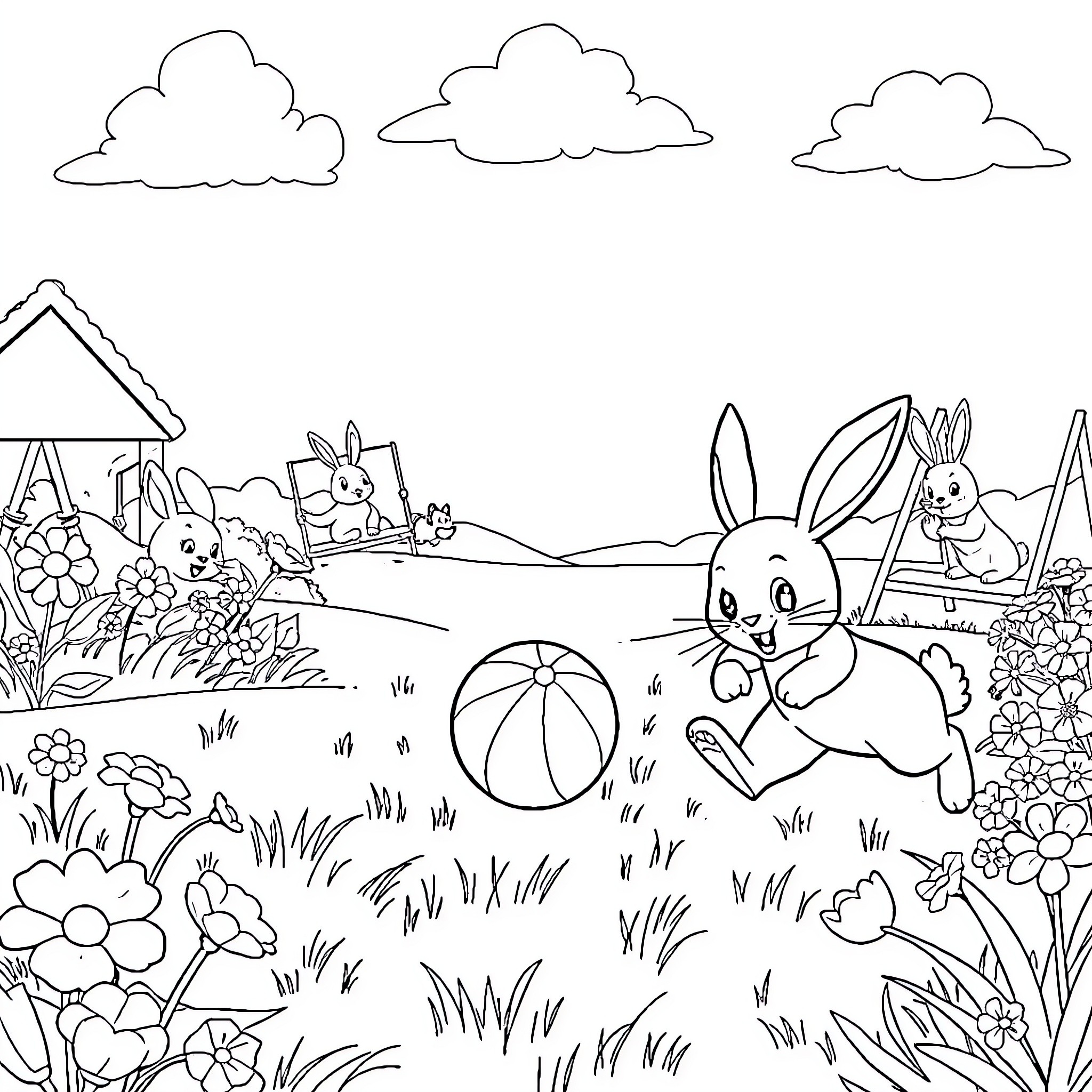 Bunny playing with ball in garden Coloring Page (free black-and-white line drawing printable PDF for all, from beginners to advanced learners, including children, teens, adults, and seniors)